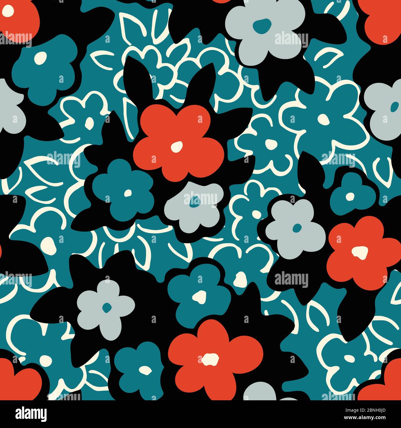 Colorati Drawn Artistic Naive Daisy Flowers contorni su Aqua background Vector Seamless Pattern Illustrazione Vettoriale