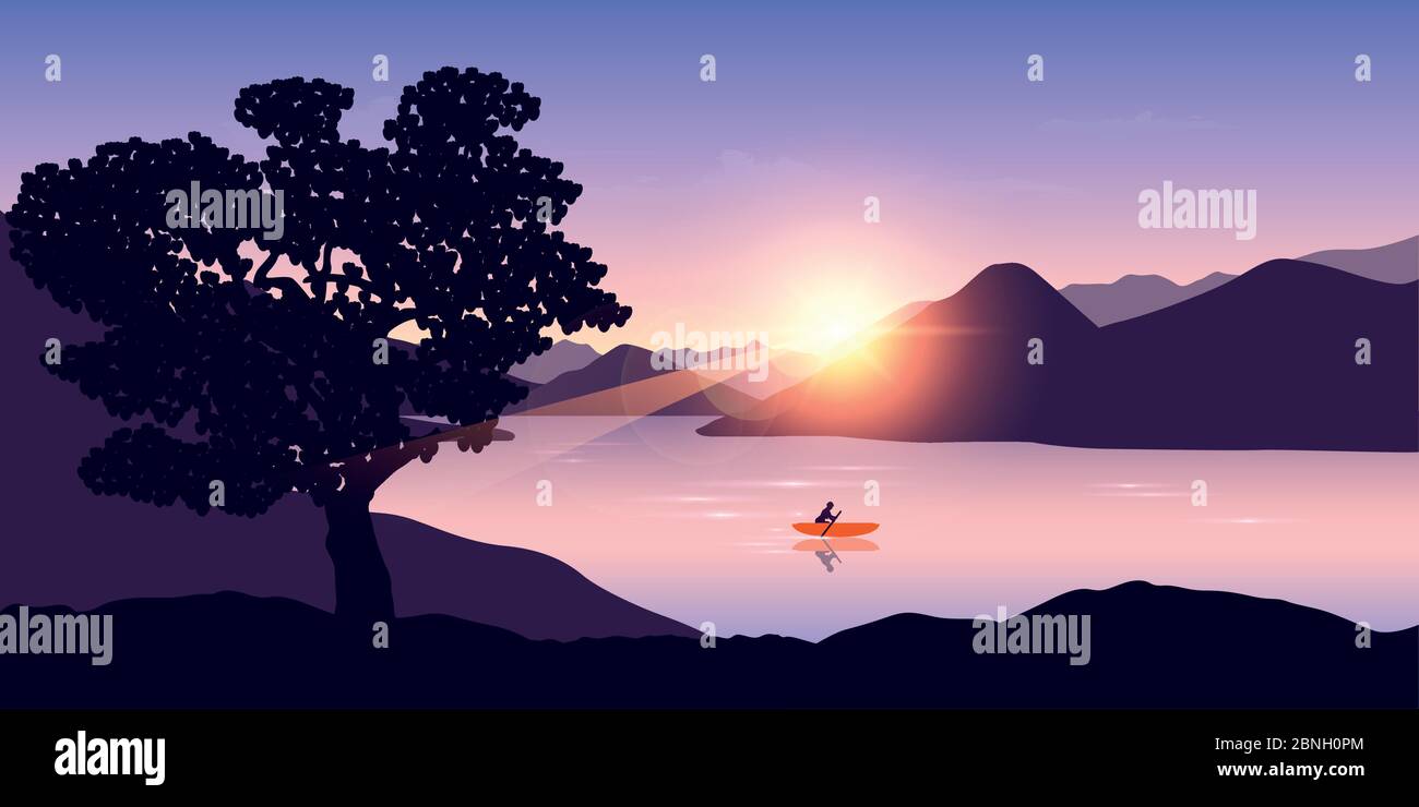 Lonely canoa avventura con barca arancione all'alba sul lago illustrazione vettoriale EPS10 Illustrazione Vettoriale