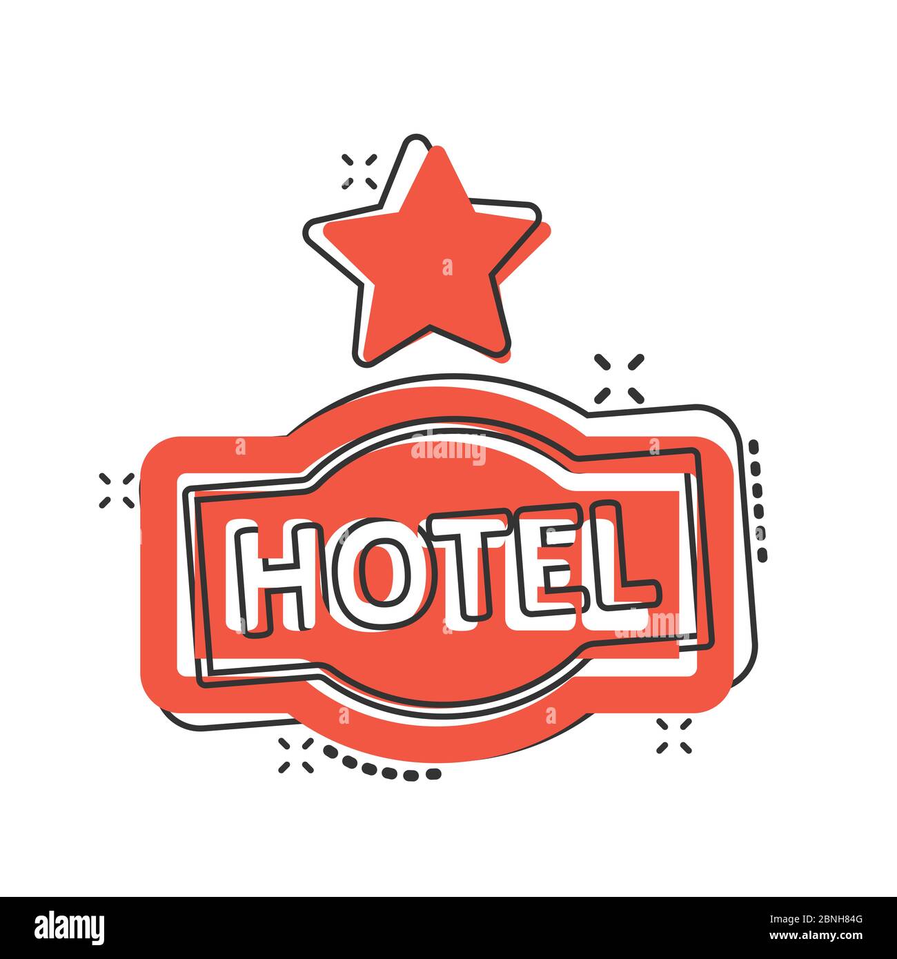 Hotel 1 stella segno icona in stile comico. Inn cartoon illustrazione vettoriale su sfondo bianco isolato. Informazioni sulle camere dell'ostello effetto splash business co Illustrazione Vettoriale