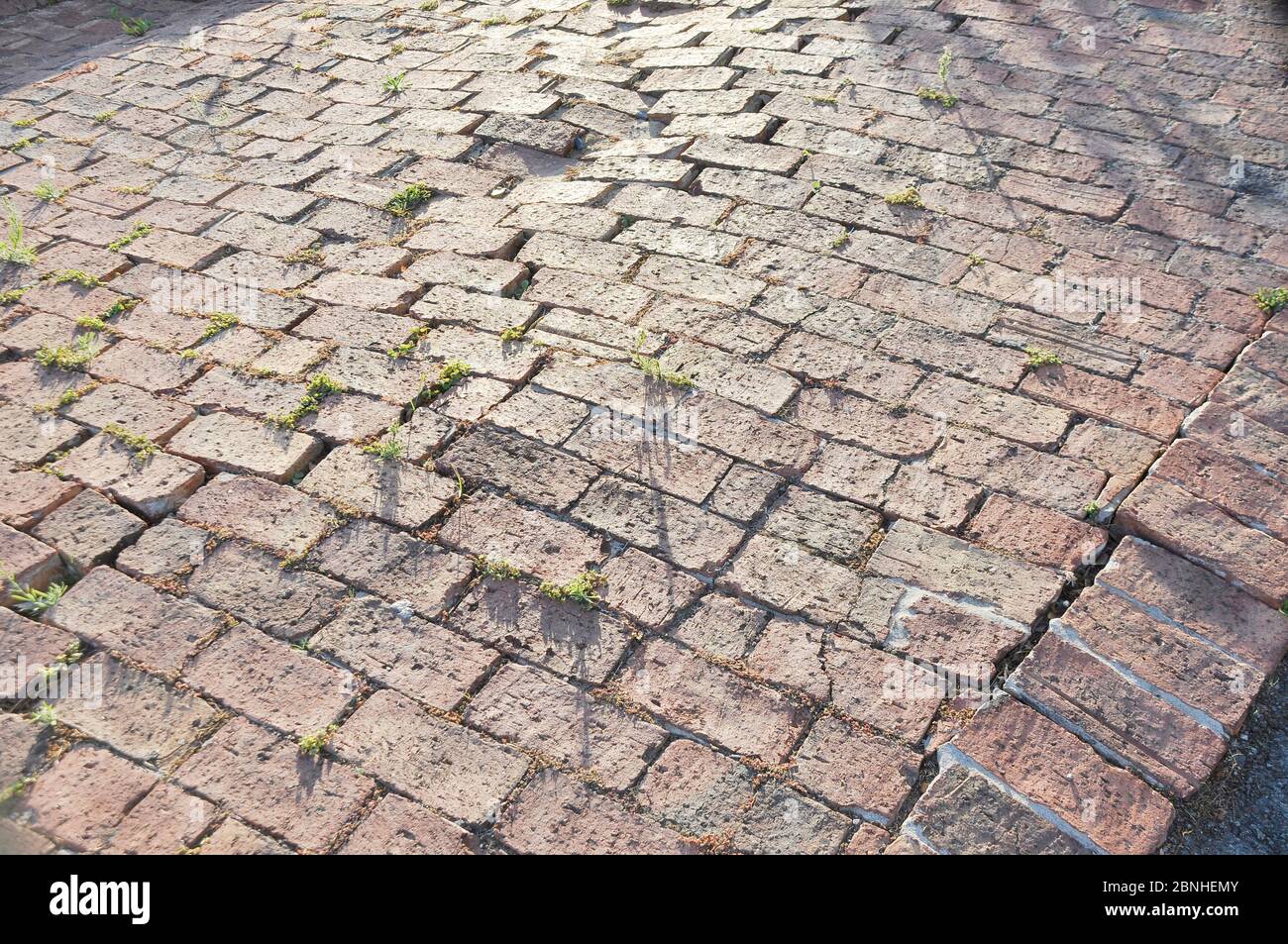 Pavimentazione in mattoni rossi non uniforme cedevole o cedevole su terreno instabile Foto Stock