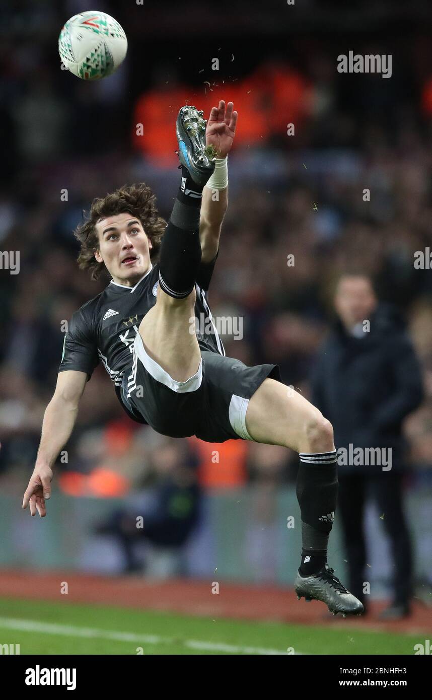 Caglar Soyuncu di Leicester City durante la Semifinale della Carabao Cup, seconda tappa al Villa Park di Birmingham. Foto Stock