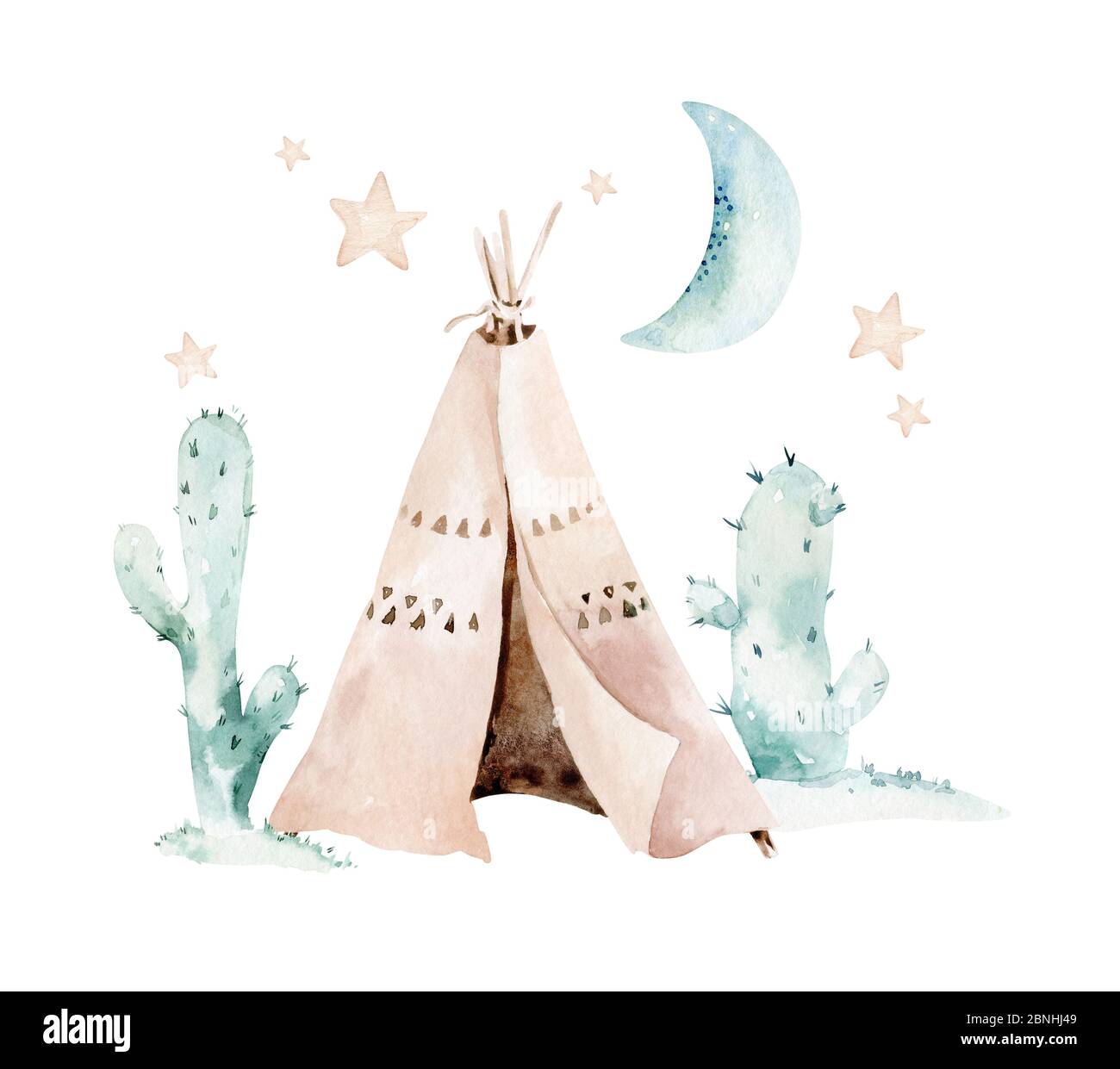 Acquerello con elementi etnici messicani: cactus, teepee, wigwam tradizionale, invito Boho partito. Baby boy baby doccia. Selvaggio ovest Foto Stock