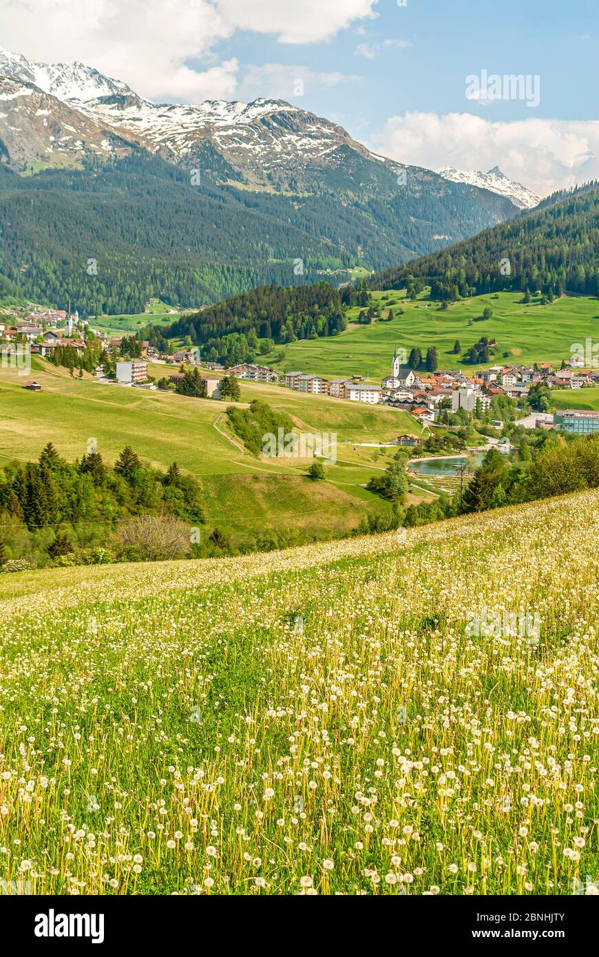 Paesaggio primaverile vicino al Villaggio Savognin a Grigioni, Svizzera Foto Stock