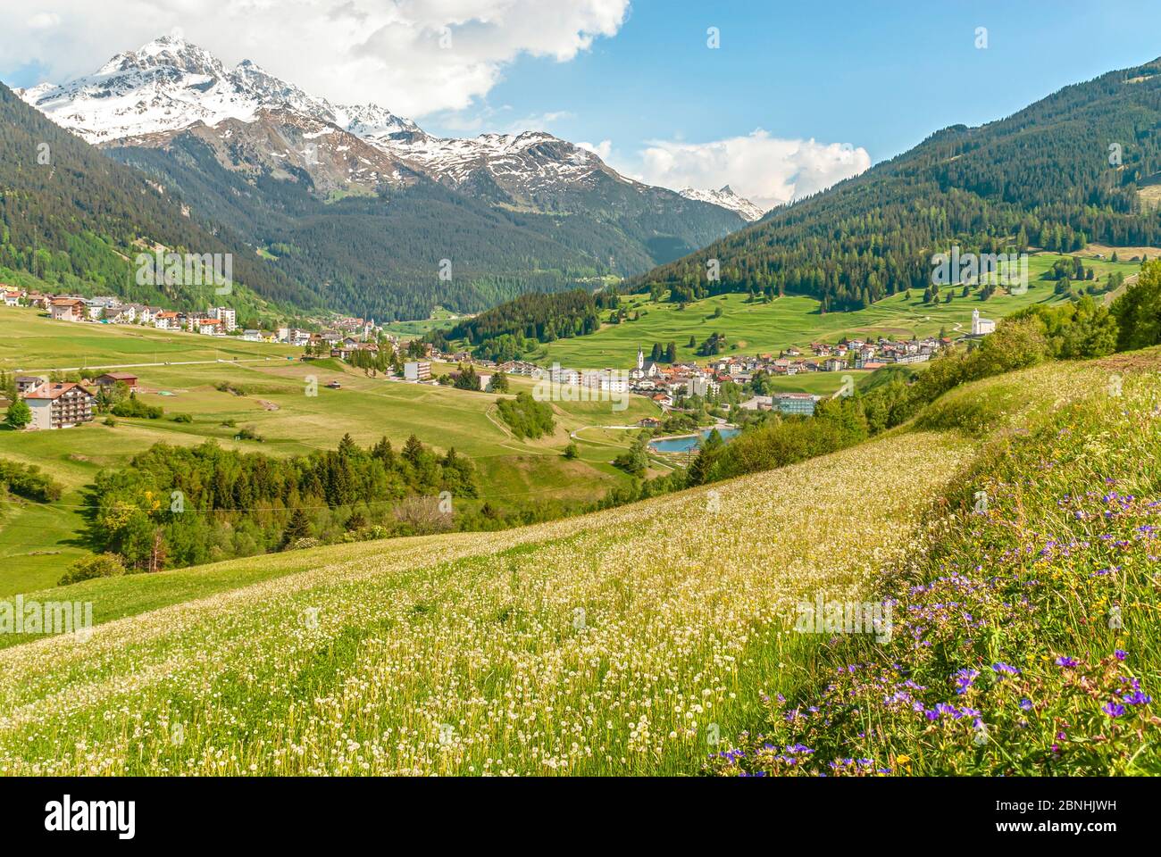 Paesaggio primaverile vicino al Villaggio Savognin a Grigioni, Svizzera Foto Stock