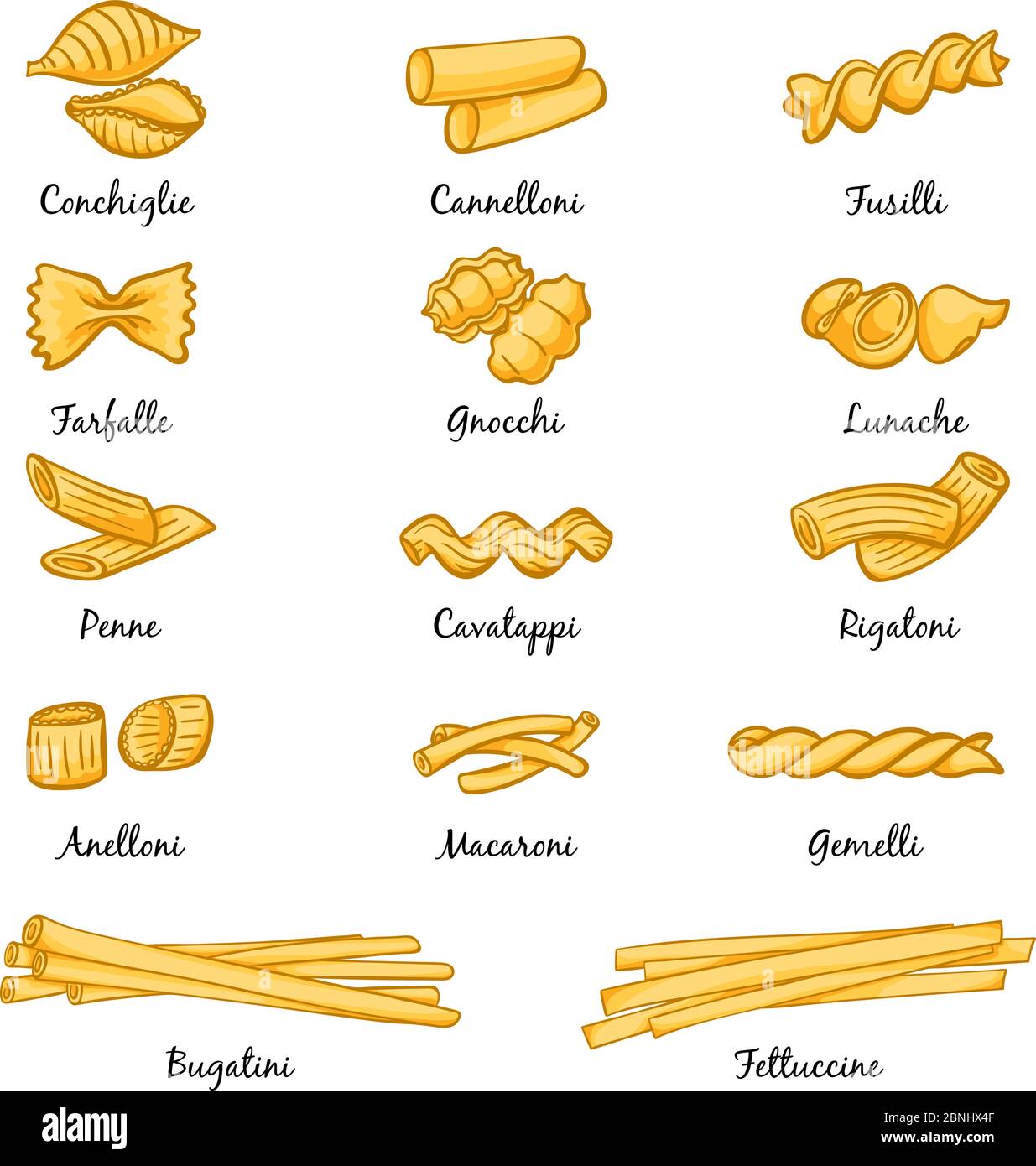 Diversi tipi di pasta. Cucina tradizionale italiana. Immagini in stile cartoon Illustrazione Vettoriale