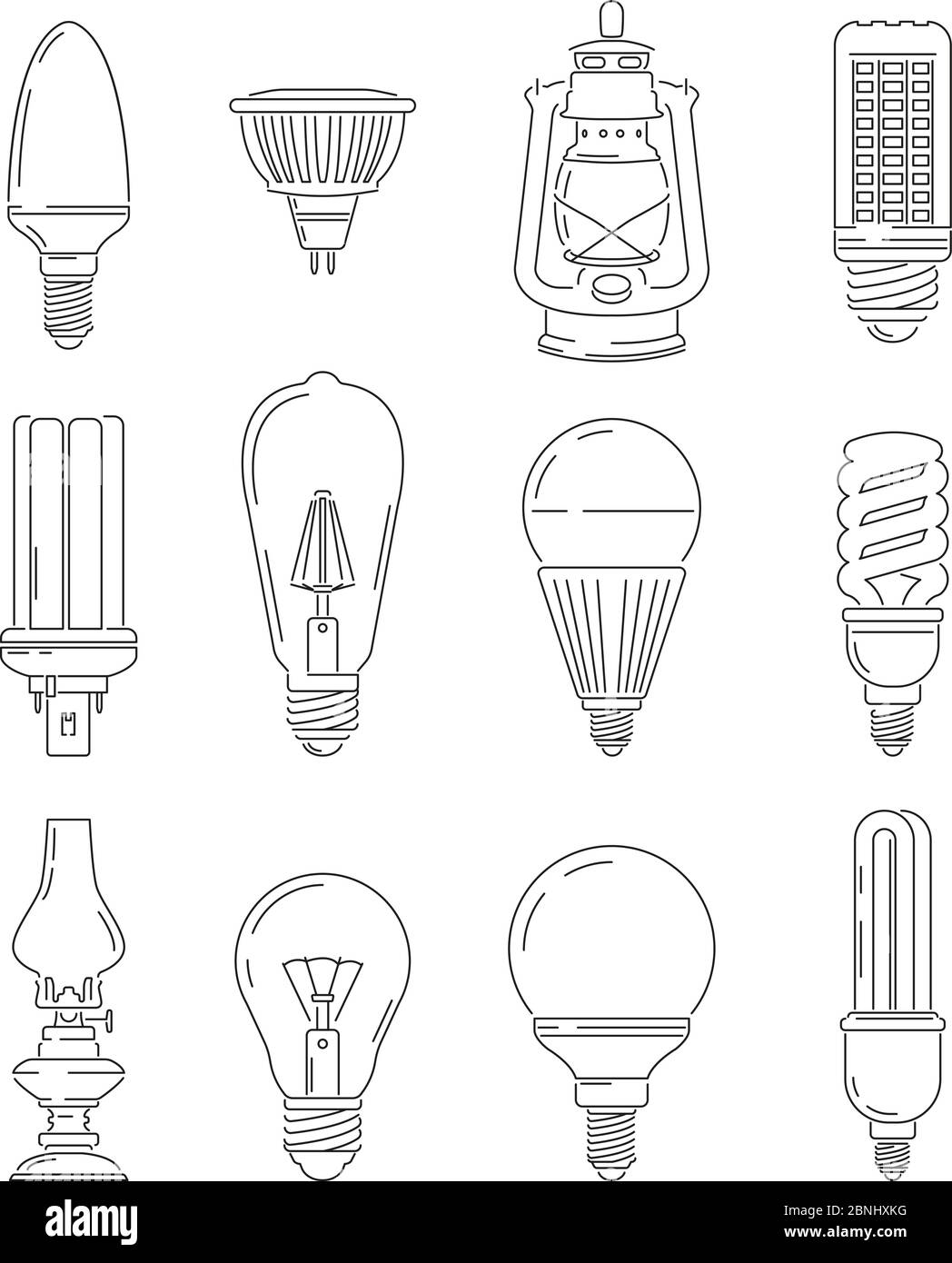 Simboli di luce. Lampadine diverse. Set di illustrazioni mono-linea Illustrazione Vettoriale