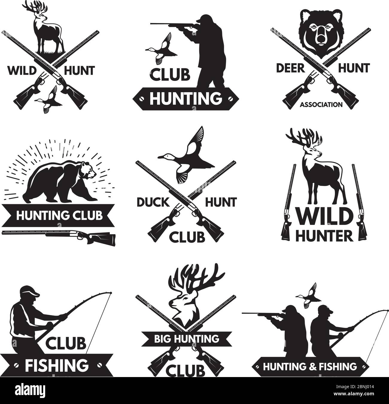 Anatra, orso, cervo e altri animali per la caccia. Etichette monocromatiche impostate con la posizione per il testo Illustrazione Vettoriale