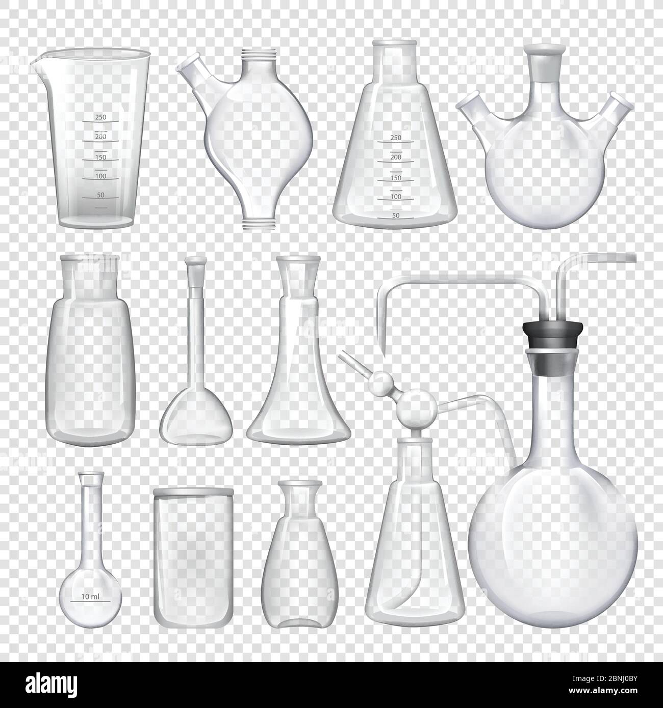 Attrezzature per laboratori chimici. Fiale e vasetti diversi. Illustrazioni vettoriali realistiche Illustrazione Vettoriale
