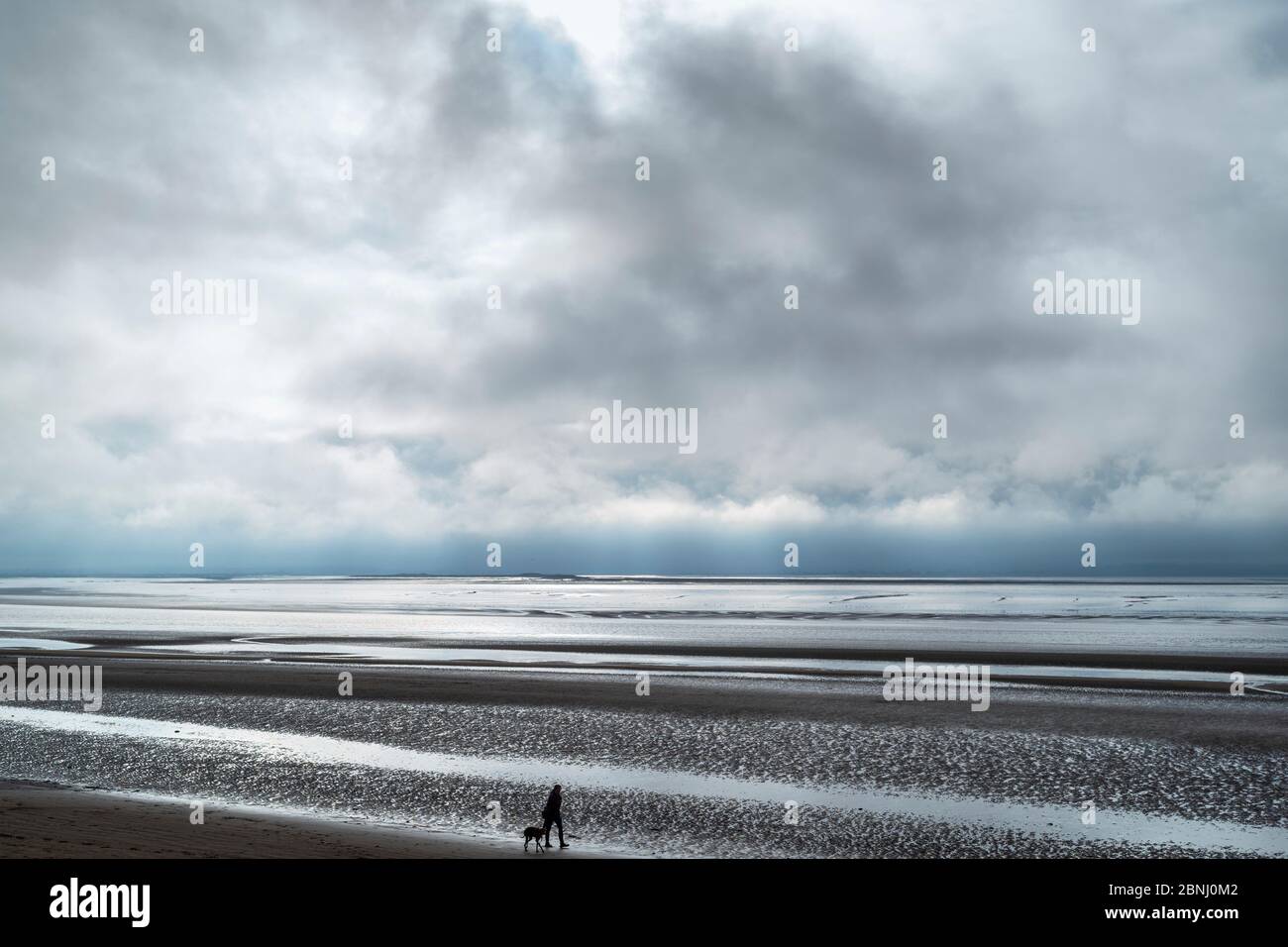 Una persona che cammina cane lungo la spiaggia sabbiosa godendo la solitudine al mare vicino al canale di Bristol a Burnham-on-Sea, Somerset, Regno Unito Foto Stock