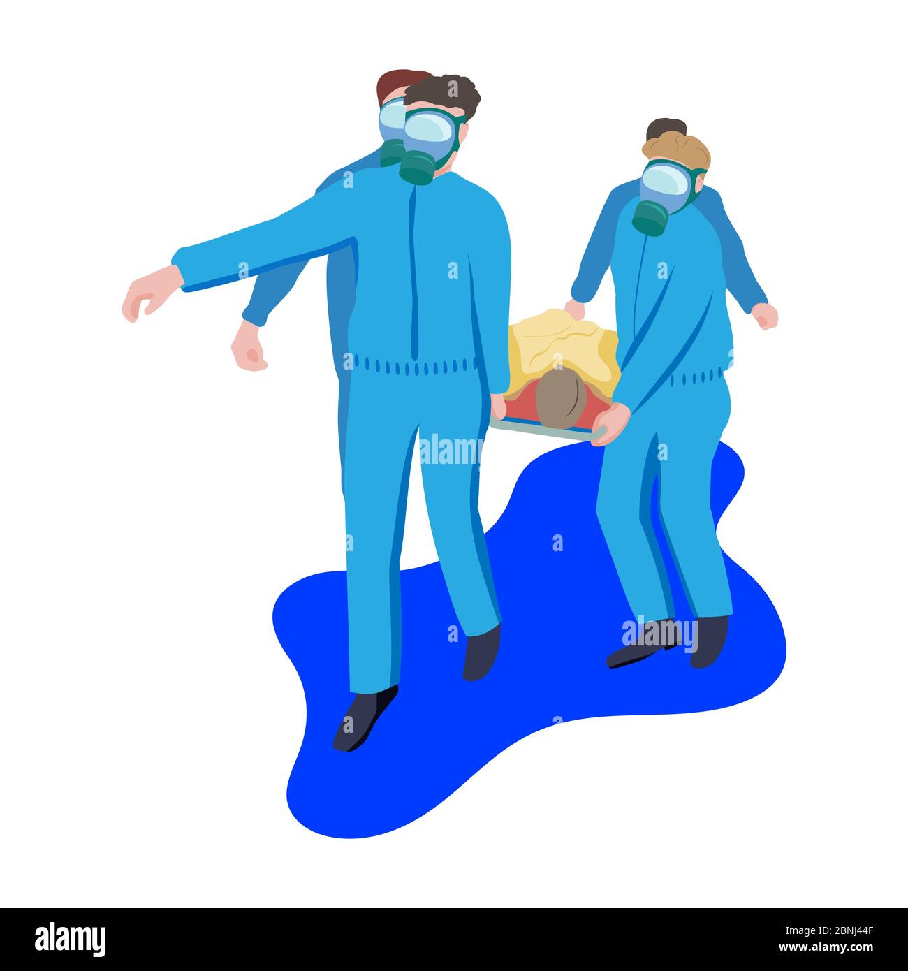 I medici in tute protettive blu trasportano il paziente sulla barella. Trasporto del paziente da parte del virus. Vettore isolato su sfondo bianco. Illustrazione Vettoriale