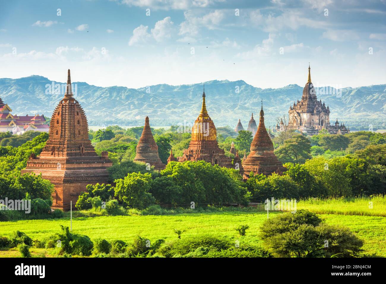 Bagan, Myanmar antico tempio rovine paesaggio nella zona archeologica nel pomeriggio. Foto Stock