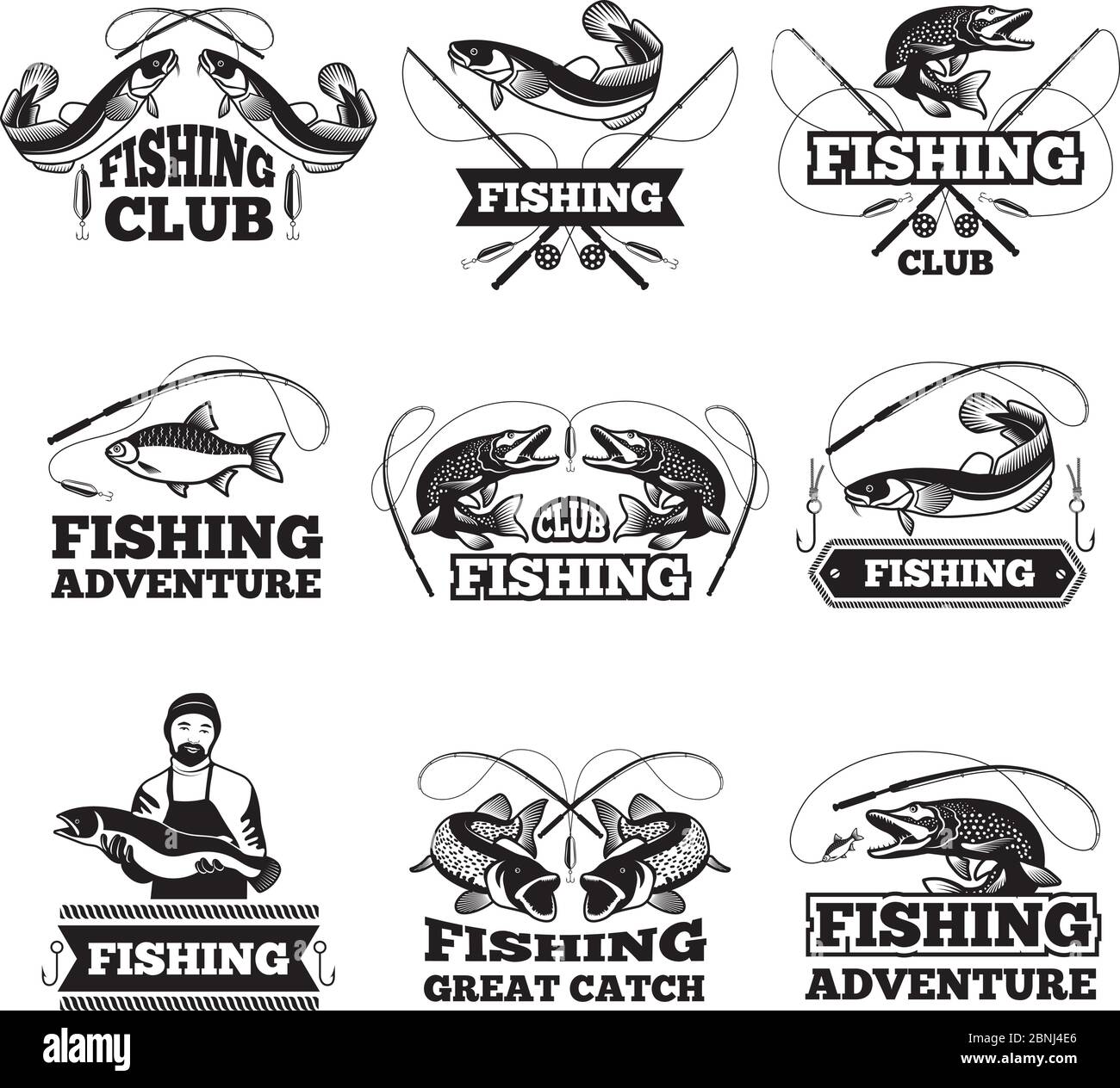 Logo o etichette per club di pesca modello con luogo per il tuo testo Illustrazione Vettoriale