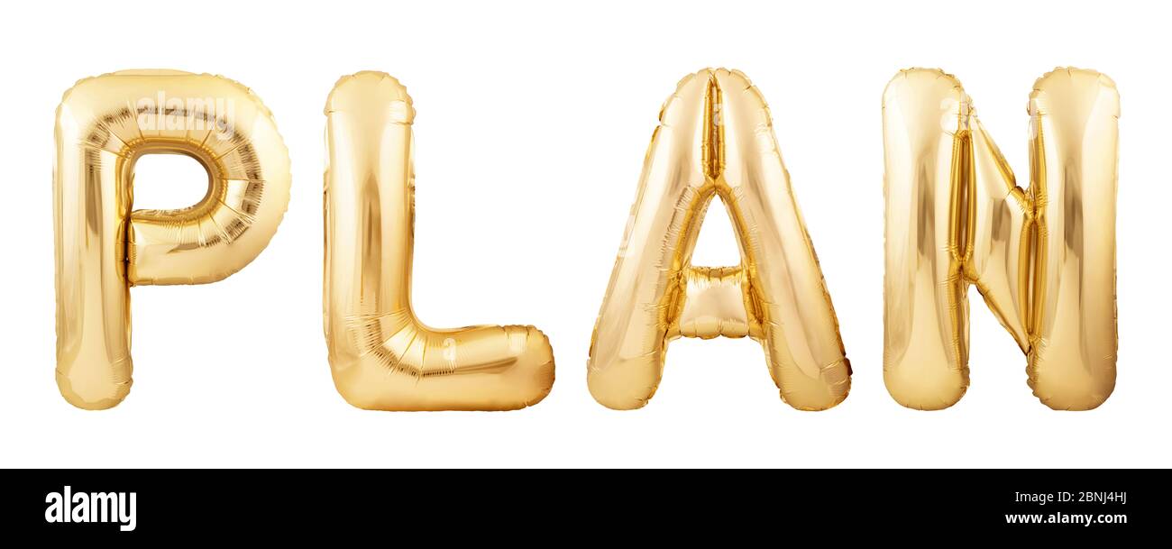Parola di piano fatta di palloncini di elio dorato isolati su sfondo bianco Foto Stock