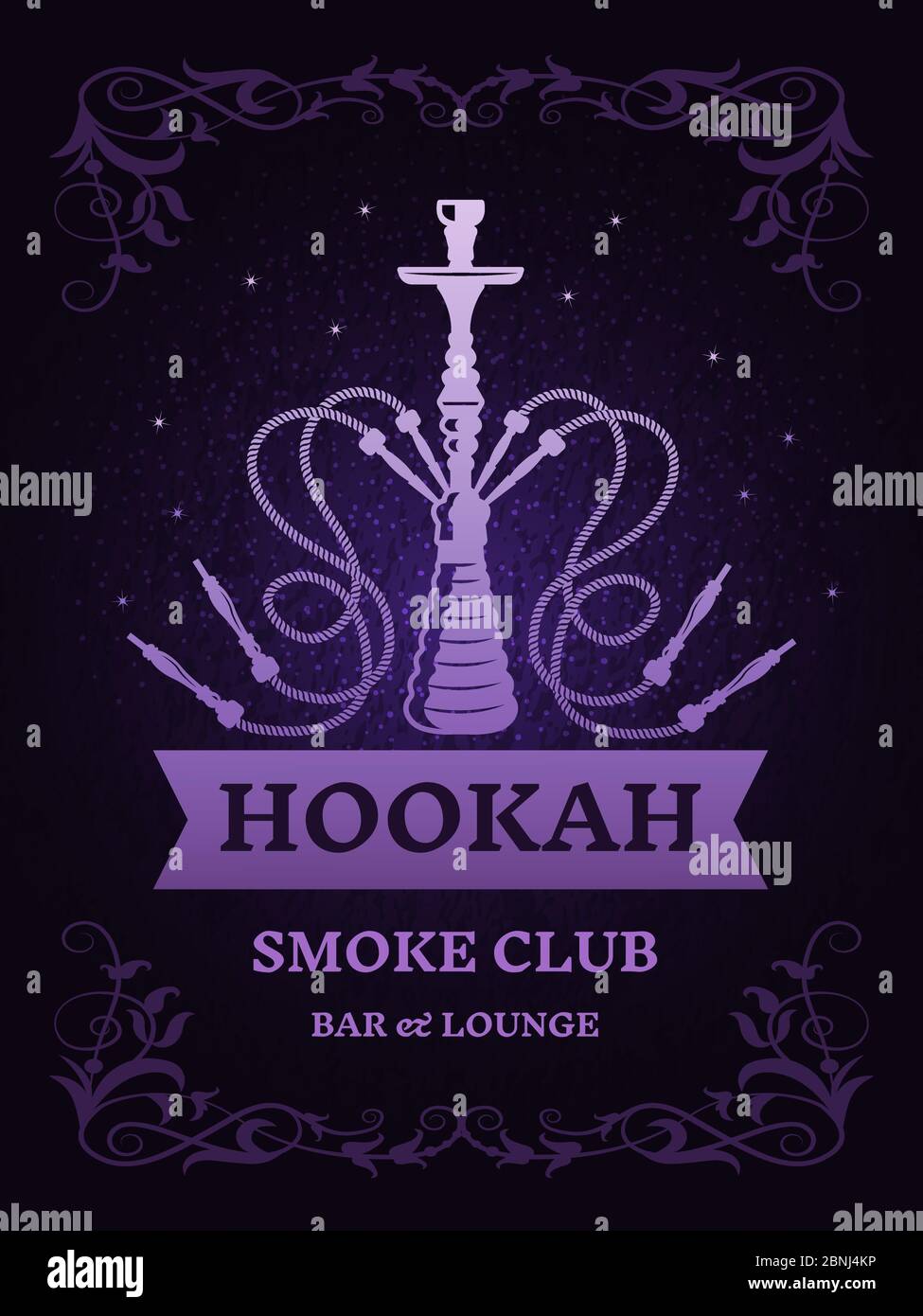 Poster per club di fumo con illustrazione di hookah. Modello vettoriale con posizione per il testo Illustrazione Vettoriale