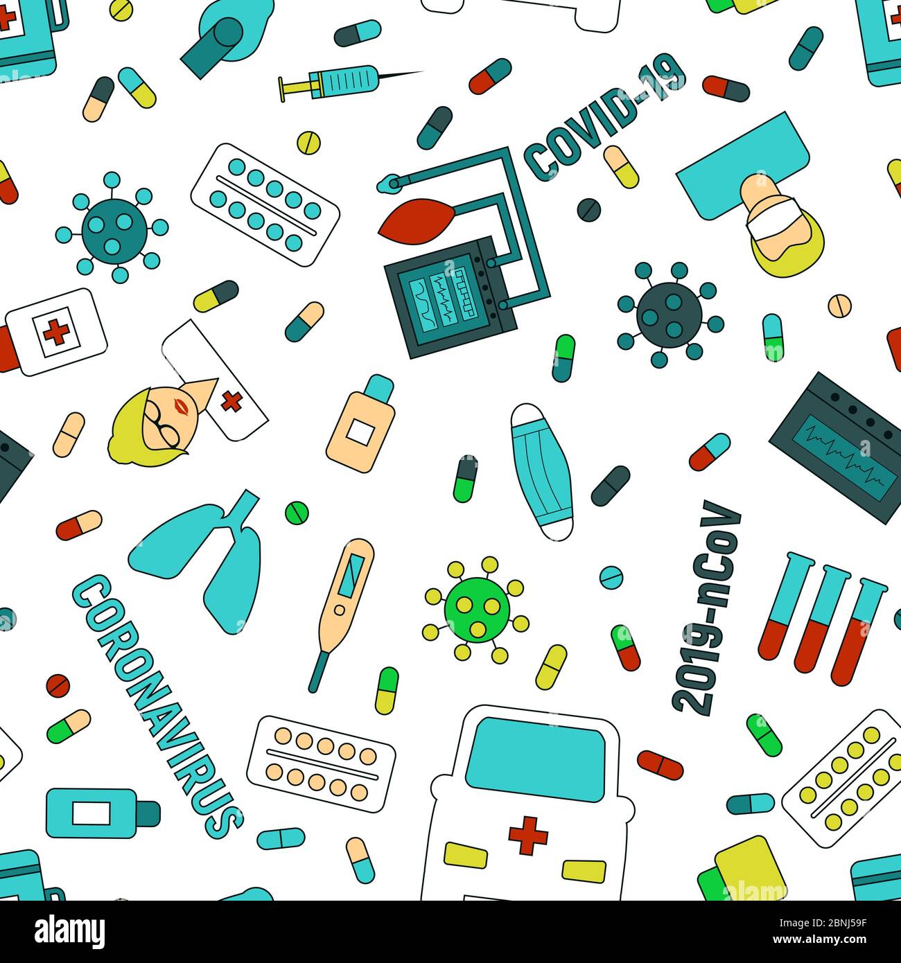 COVID 19 virus senza giunture di fondo. Coronavirus pandemie segni vettoriali illustrazione. Illustrazione Vettoriale