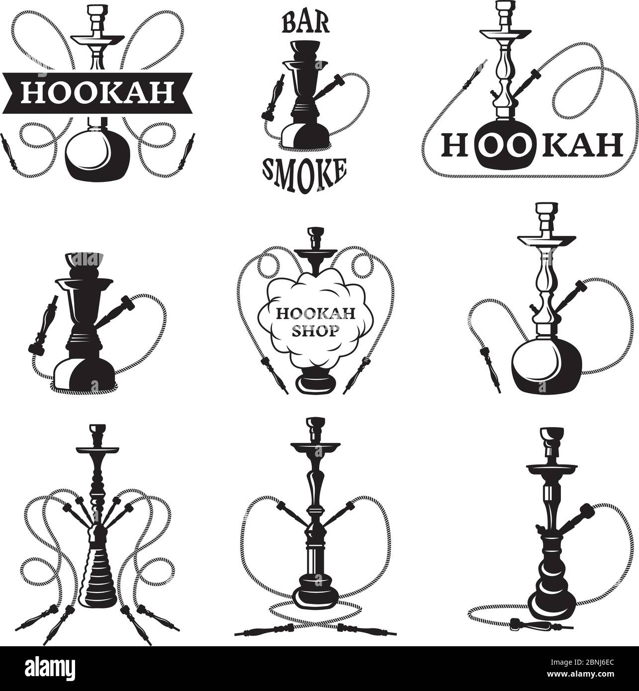 Set di etichette per hookah e lounge club. Illustrazioni vettoriali monocromatiche Illustrazione Vettoriale