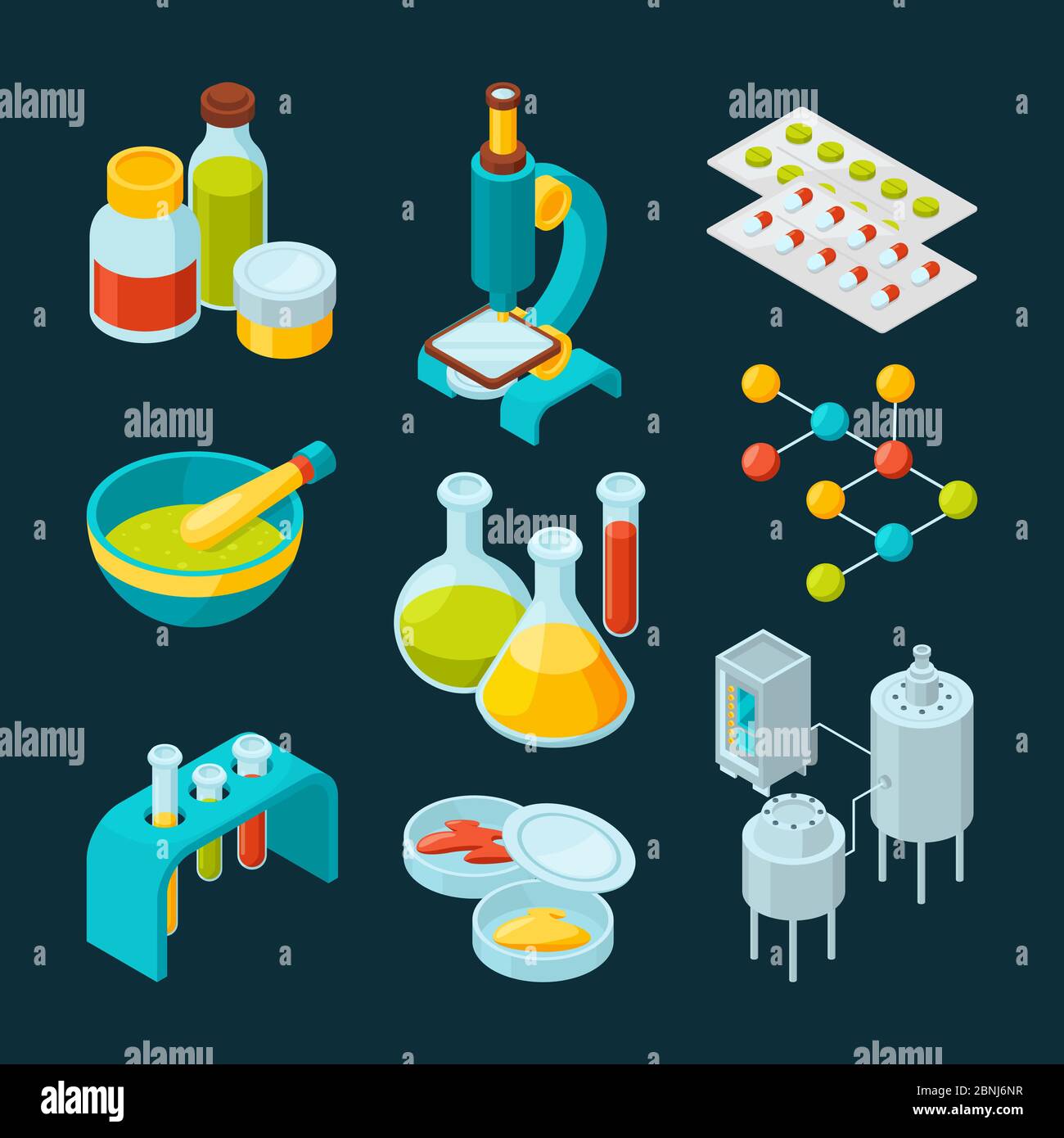 Icone isometriche insieme di industria farmaceutica e tema scientifico Illustrazione Vettoriale