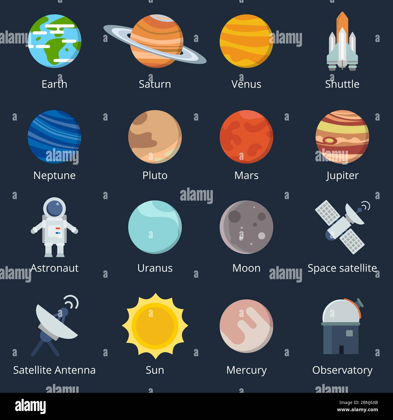 Pianeti di sistema solare e diversi strumenti spaziali. Icona impostata in stile vettoriale Illustrazione Vettoriale