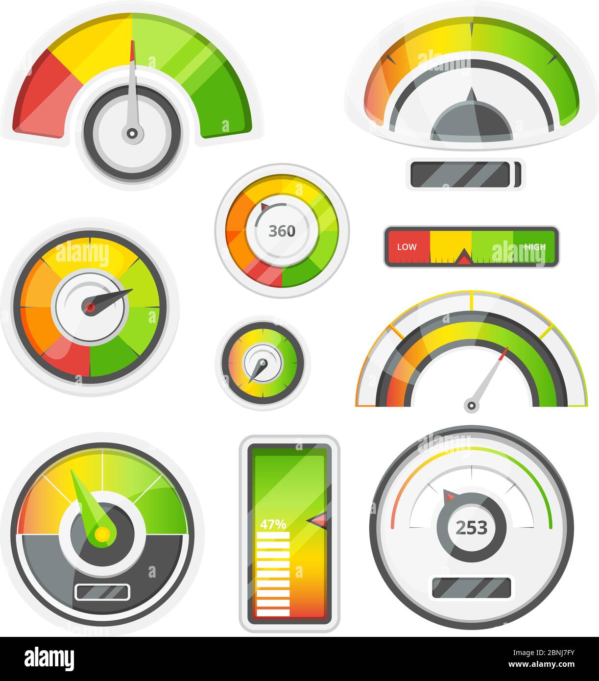 Set di icone di misuratori di livello, contagiri e livello della batteria. Set di immagini vettoriali Illustrazione Vettoriale