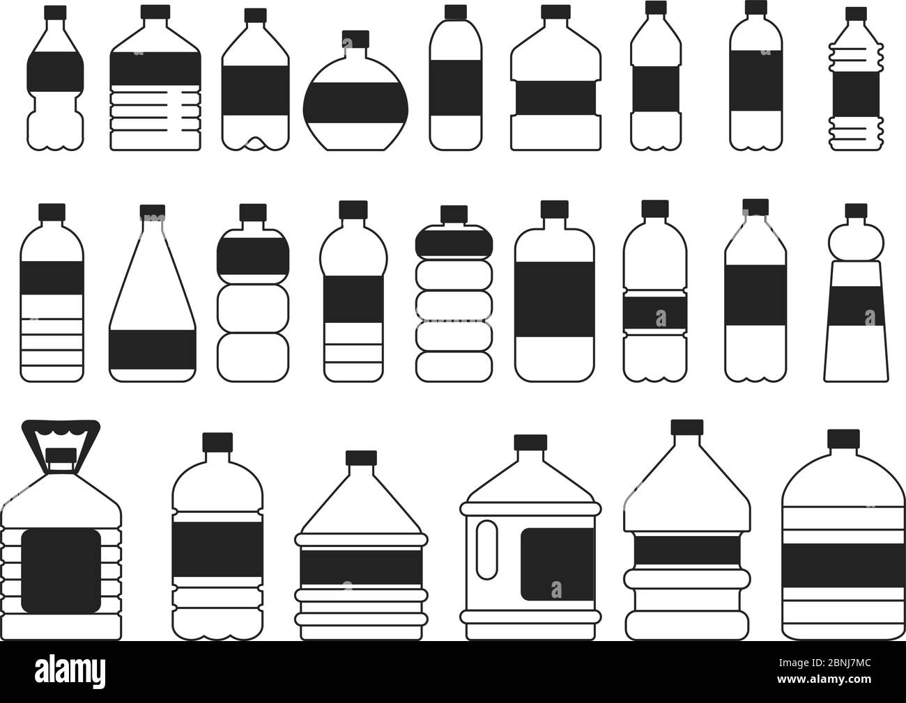 Set di immagini monocromatiche di bottiglie di plastica. Simboli della confezione Illustrazione Vettoriale