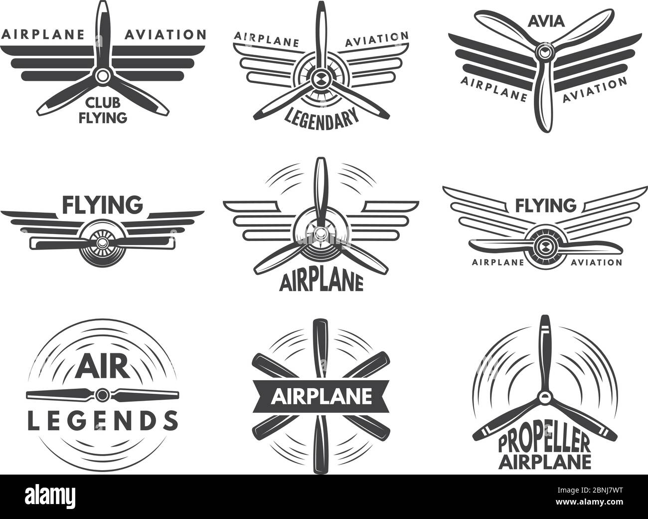 Etichette un logo per l'aviazione militare. Simboli aviatori in stile monocromatico Illustrazione Vettoriale
