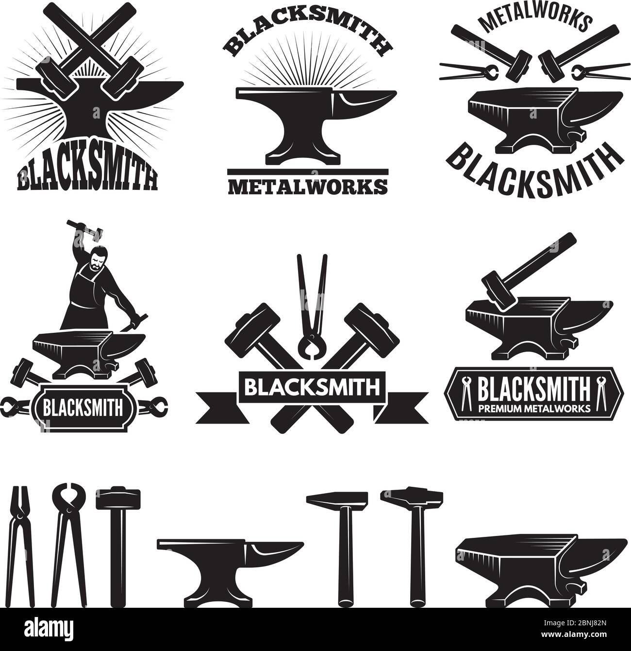 Set di logo industriali. Etichette per fabbro. Modello di disegno vettoriale con posizione per il testo Illustrazione Vettoriale