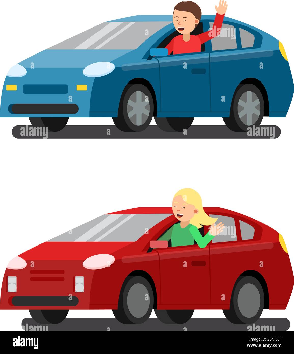 Illustrazione di piloti maschi e femmine in auto. Immagini vettoriali in stile piatto Illustrazione Vettoriale