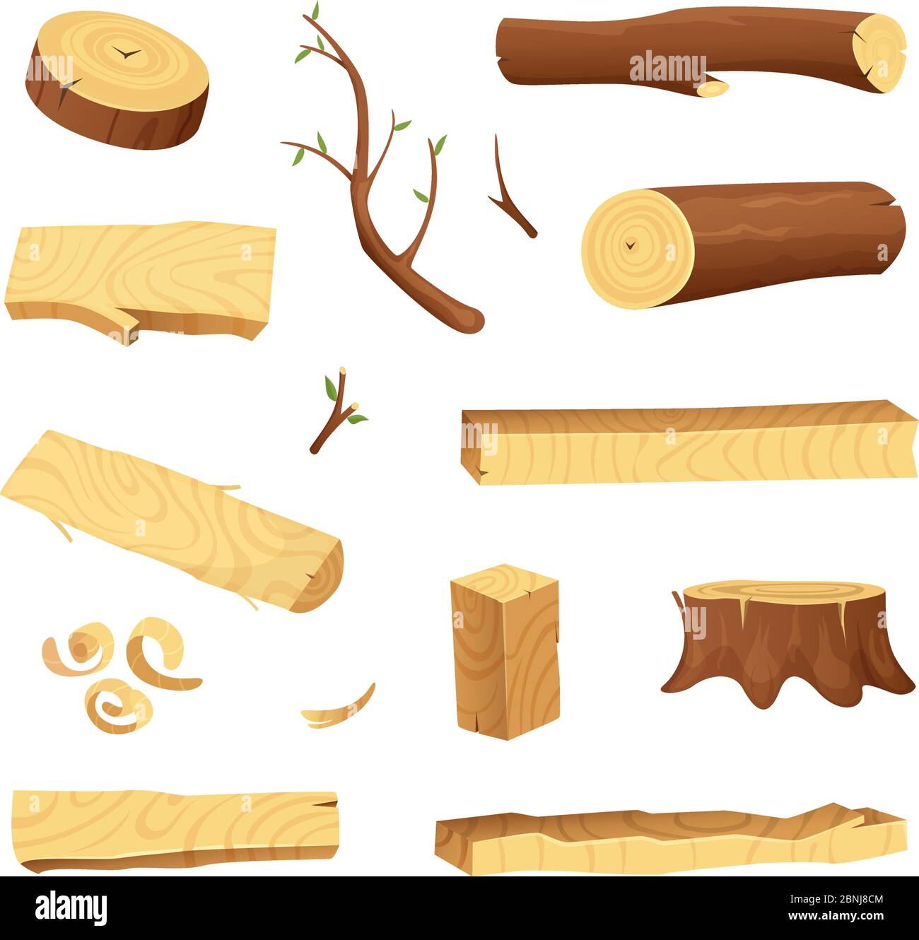 Tavole di alberi e diversi elementi in legno per l'industria di produzione Illustrazione Vettoriale