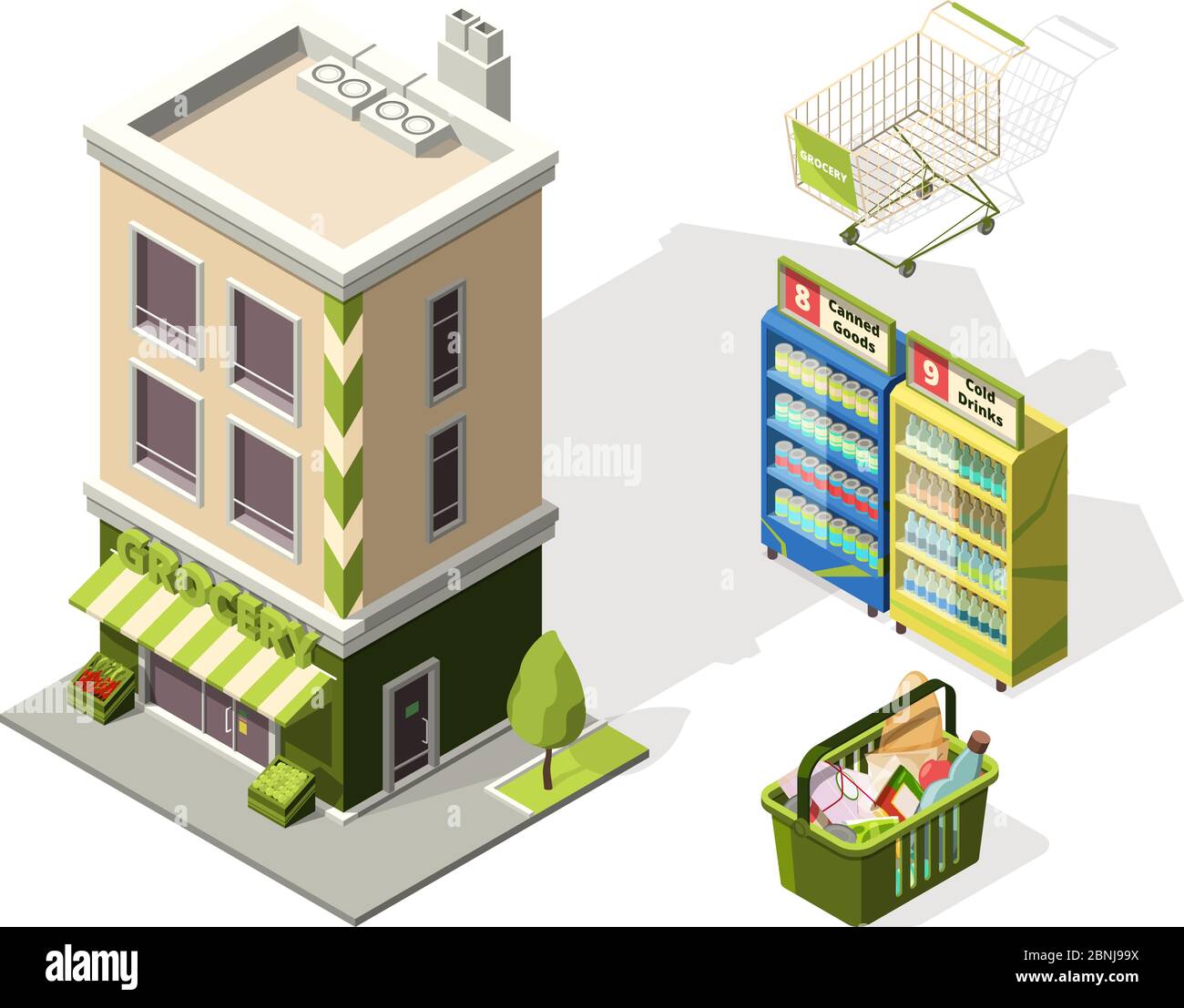 Strumenti isometrici per supermercati. illustrazioni 3d del carrello Illustrazione Vettoriale