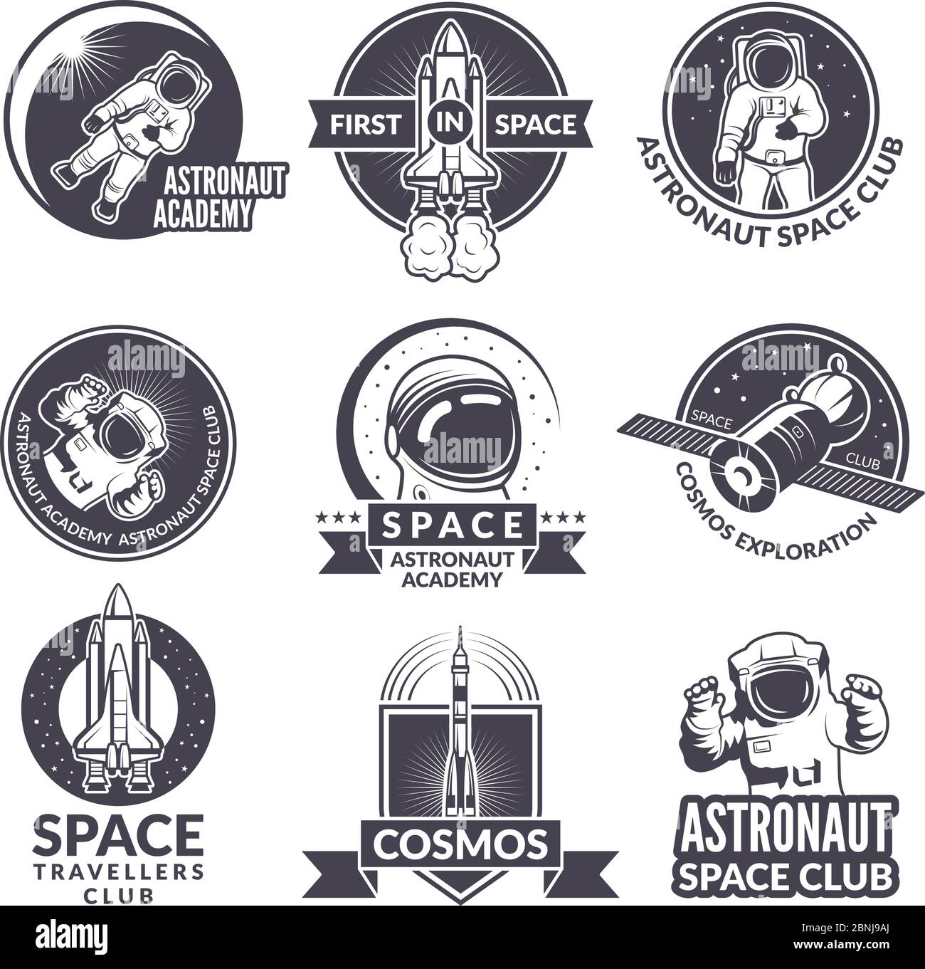 Emblemi, etichette o loghi di tema spaziale con illustrazioni di spazio e astronauti Illustrazione Vettoriale