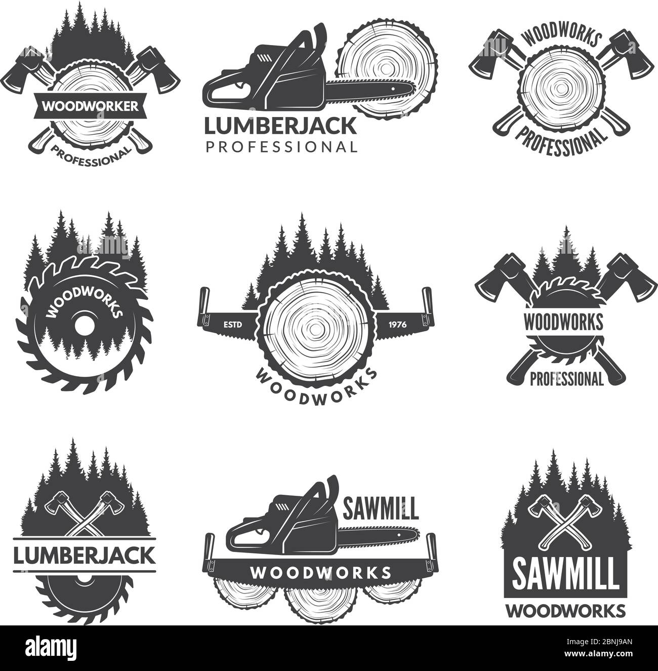 Set di badge per l'industria della lavorazione del legno Illustrazione Vettoriale