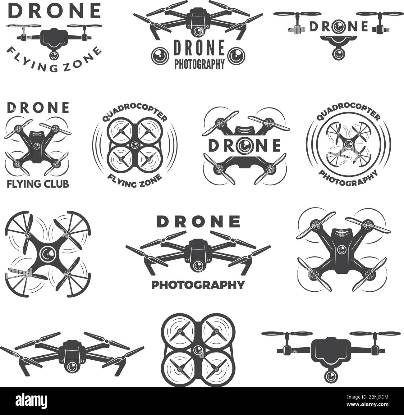Impostare le etichette con diverse illustrazioni dei droni Illustrazione Vettoriale