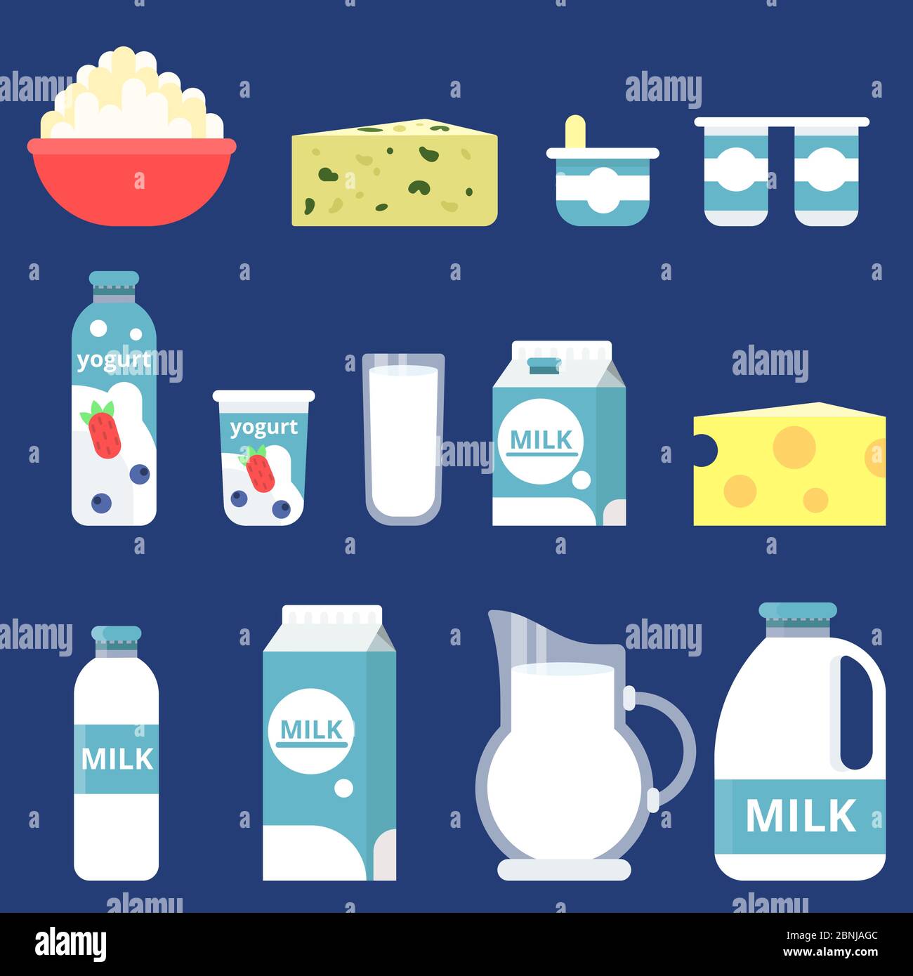 Illustrazioni di diversi prodotti lattiero-caseari in stile piatto Illustrazione Vettoriale