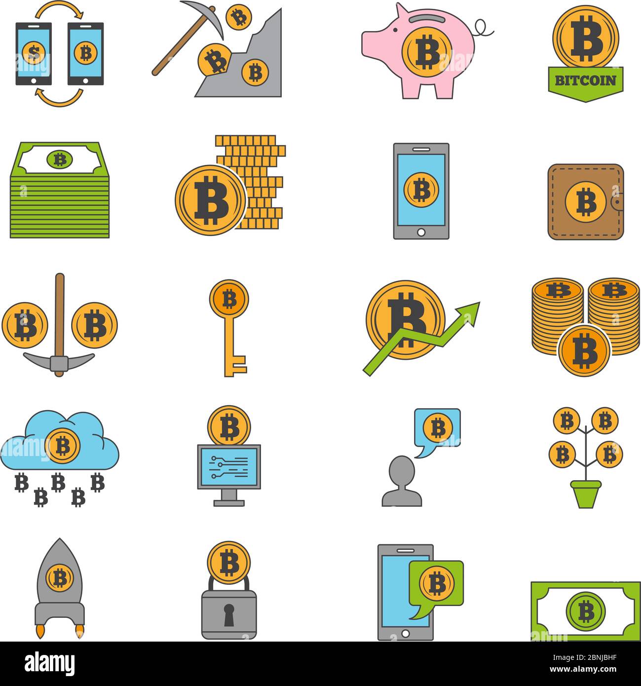 Bitcoin e altri simboli dell'industria della criptovaluta. Estrazione di monete diverse Illustrazione Vettoriale