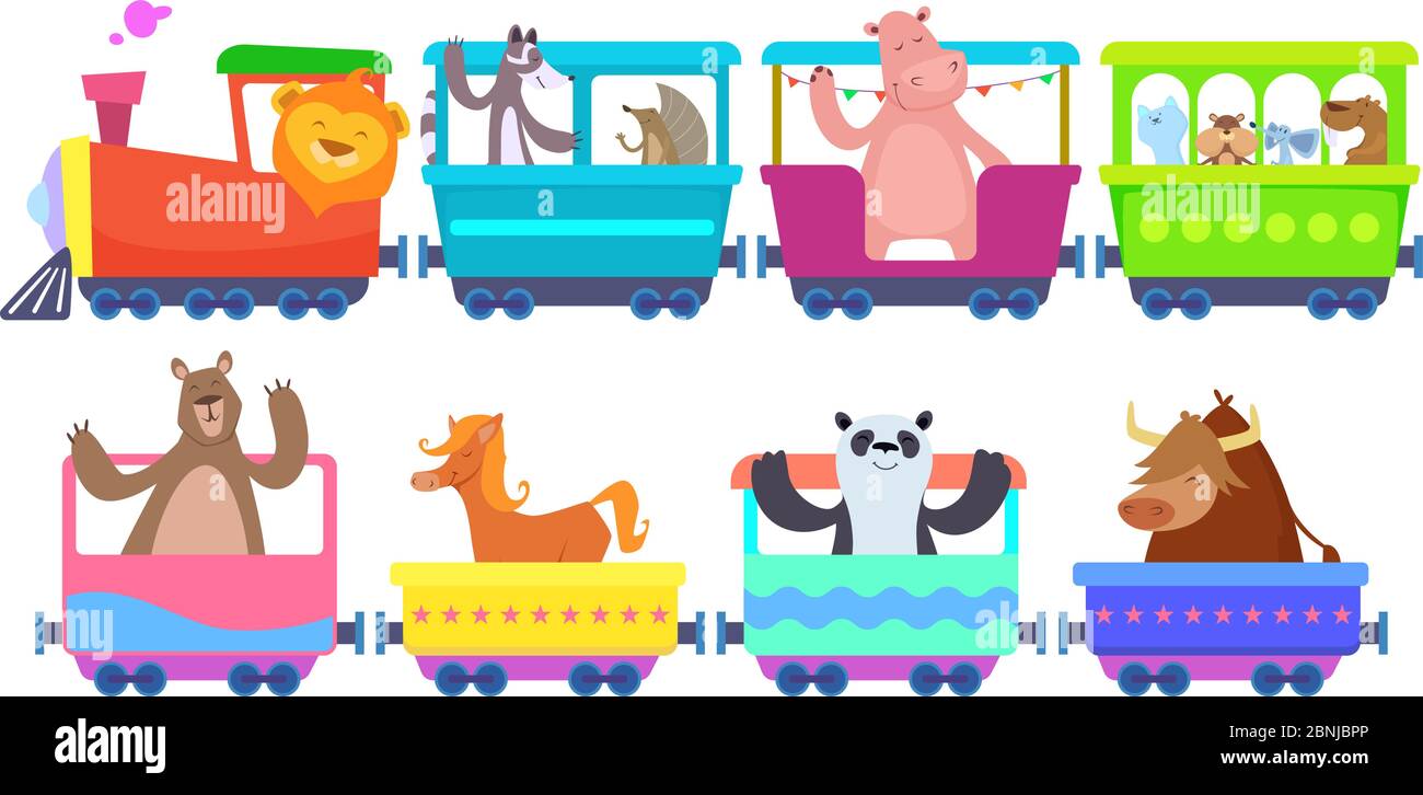 Divertenti animali di cartone animato in treni di cartone animato Illustrazione Vettoriale