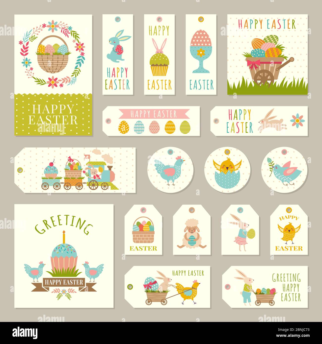 Etichette, etichette con illustrazioni del tema pasquale con conigli, piante e uova colorate Illustrazione Vettoriale