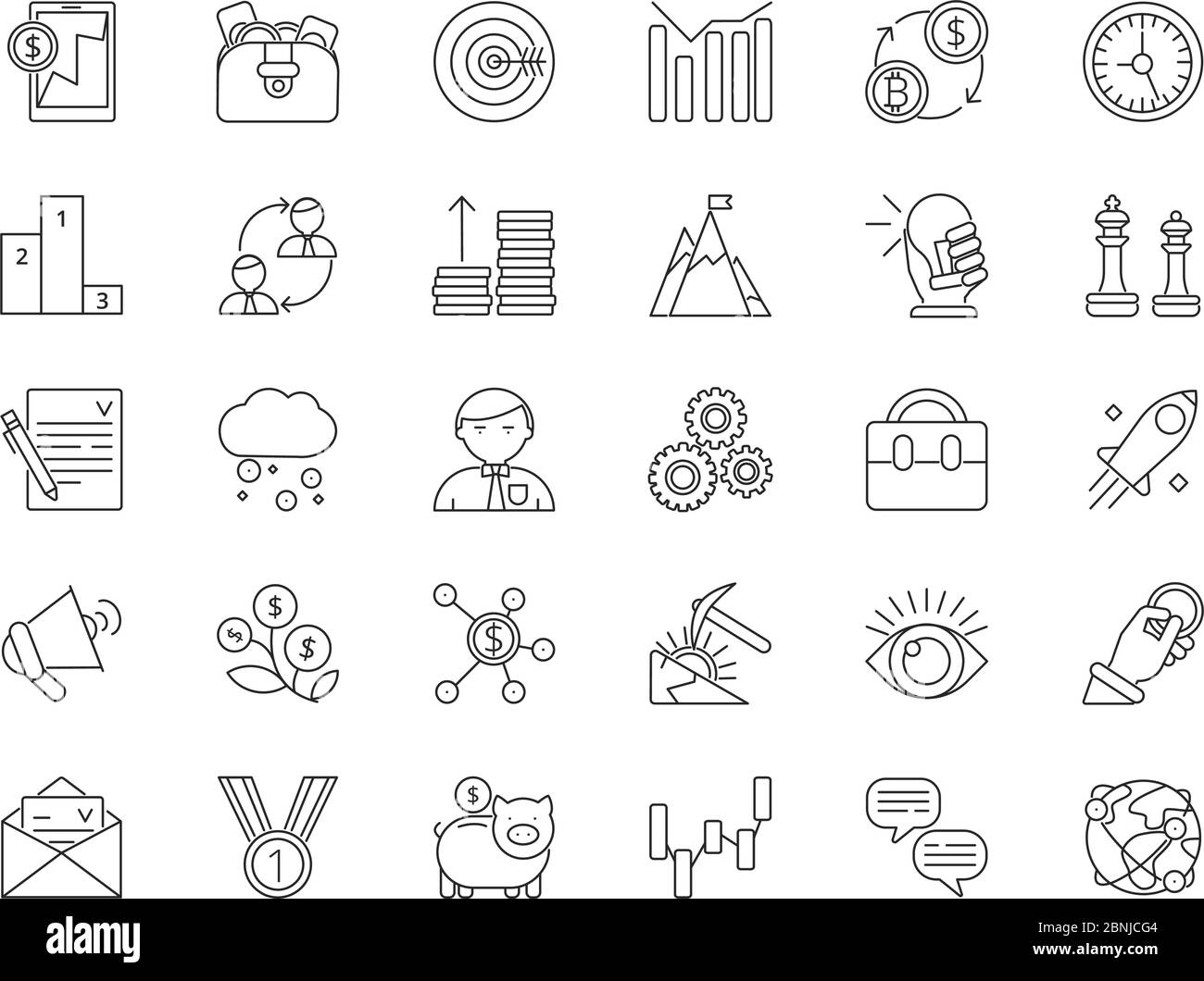 Set di icone mono line di temi commerciali e finanziari Illustrazione Vettoriale