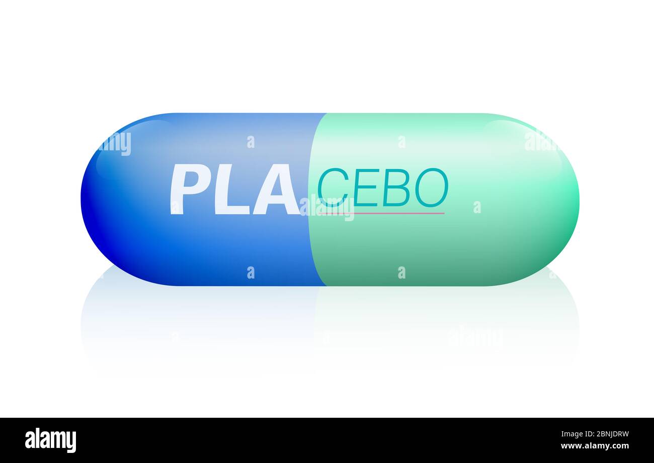 Pillola placebo. Capsula chiamata PLACEBO, un prodotto medico falso - illustrazione su sfondo bianco. Foto Stock