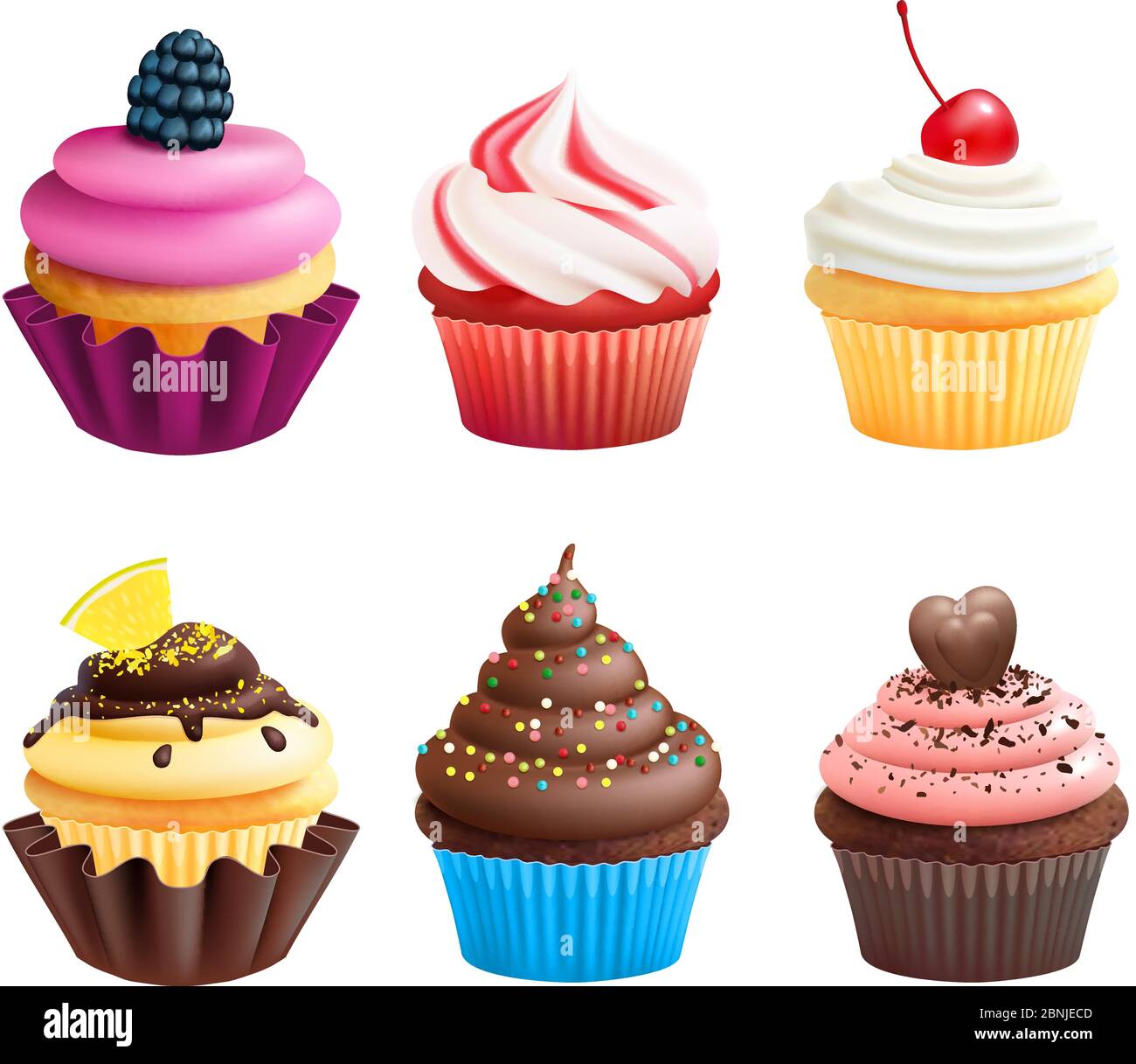 Illustrazioni vettoriali realistiche di cupcakes. Dolci per feste di compleanno Illustrazione Vettoriale