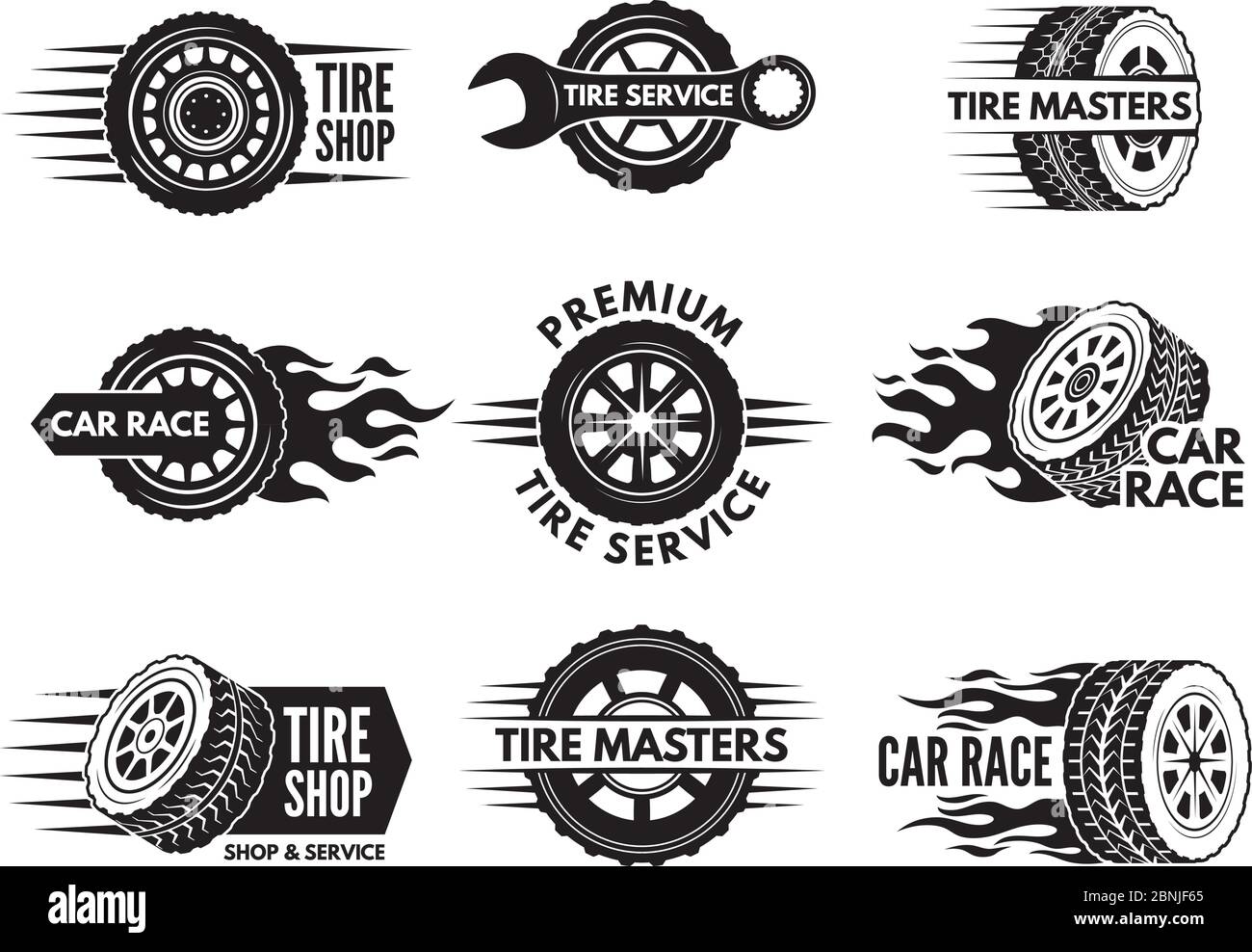 Logo di gara con immagini di diverse ruote di auto Illustrazione Vettoriale