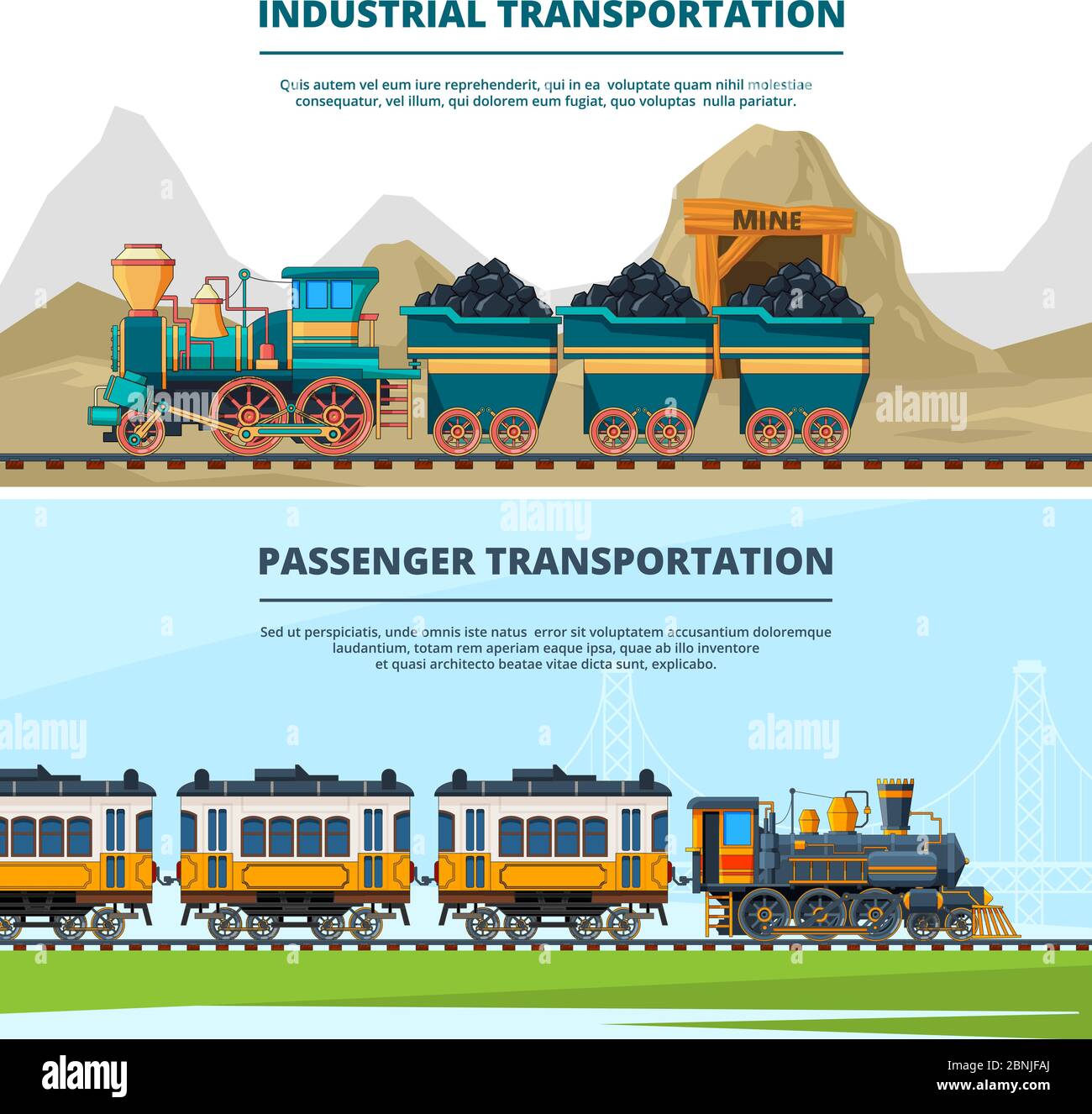Modello di banner con illustrazioni colorate dei treni retrò Illustrazione Vettoriale
