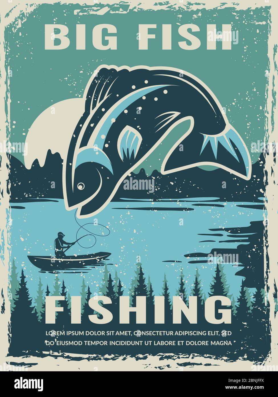 Poster retrò del club di pescatori con illustrazione di grandi pesci Illustrazione Vettoriale