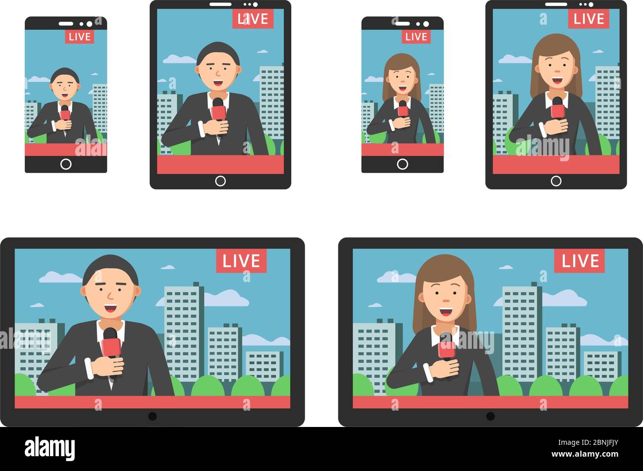 Notizie sullo schermo su diversi dispositivi digitali smartphone e tablet Illustrazione Vettoriale