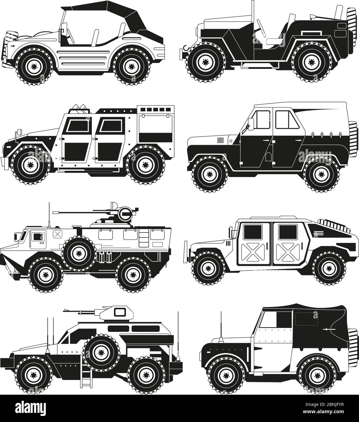 Immagini monocromatiche di veicoli militari. Illustrazioni dell'esercito Illustrazione Vettoriale