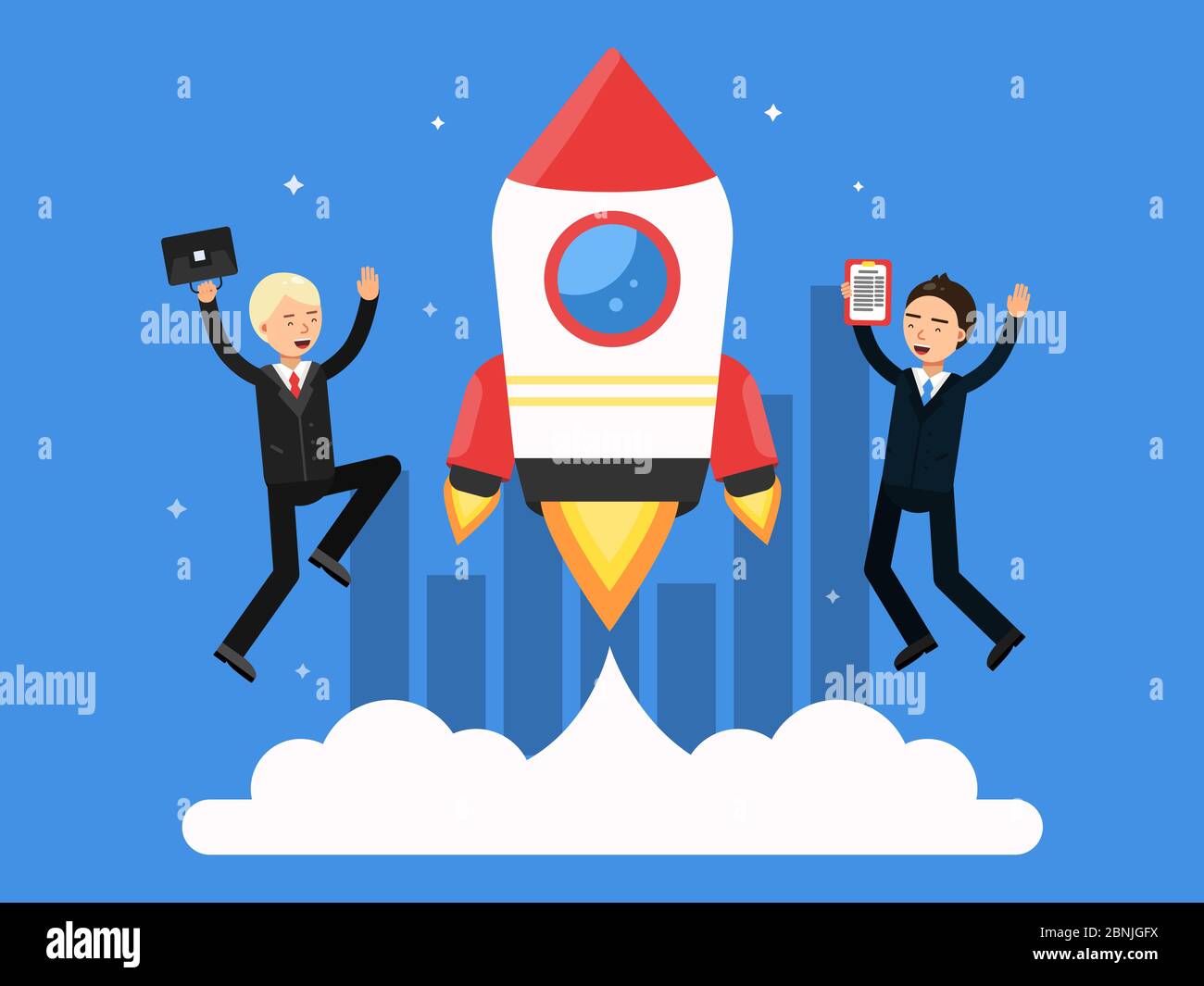 Immagine concettuale con simboli di avvio. Razzo e uomini d'affari felici Illustrazione Vettoriale