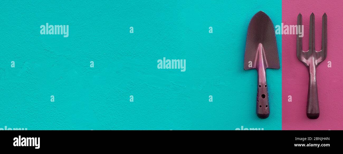 colorato verde rosa cazzuola di metallo e forchetta attrezzi per il giardinaggio banner web hobby su fondo parete di cemento Foto Stock