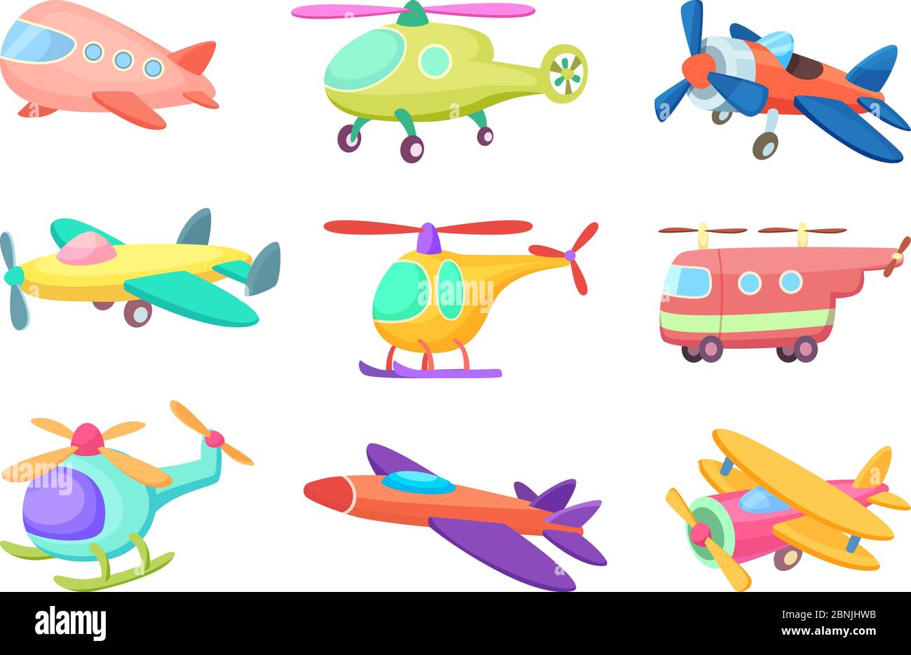 Illustrazioni di aeroplani in stile cartoon. Vari giocattoli per bambini Illustrazione Vettoriale