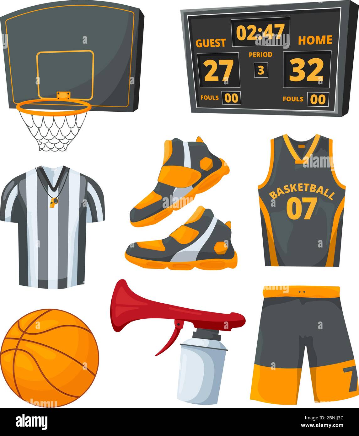 Diversi simboli sportivi di basketball. Set di immagini vettoriali Illustrazione Vettoriale