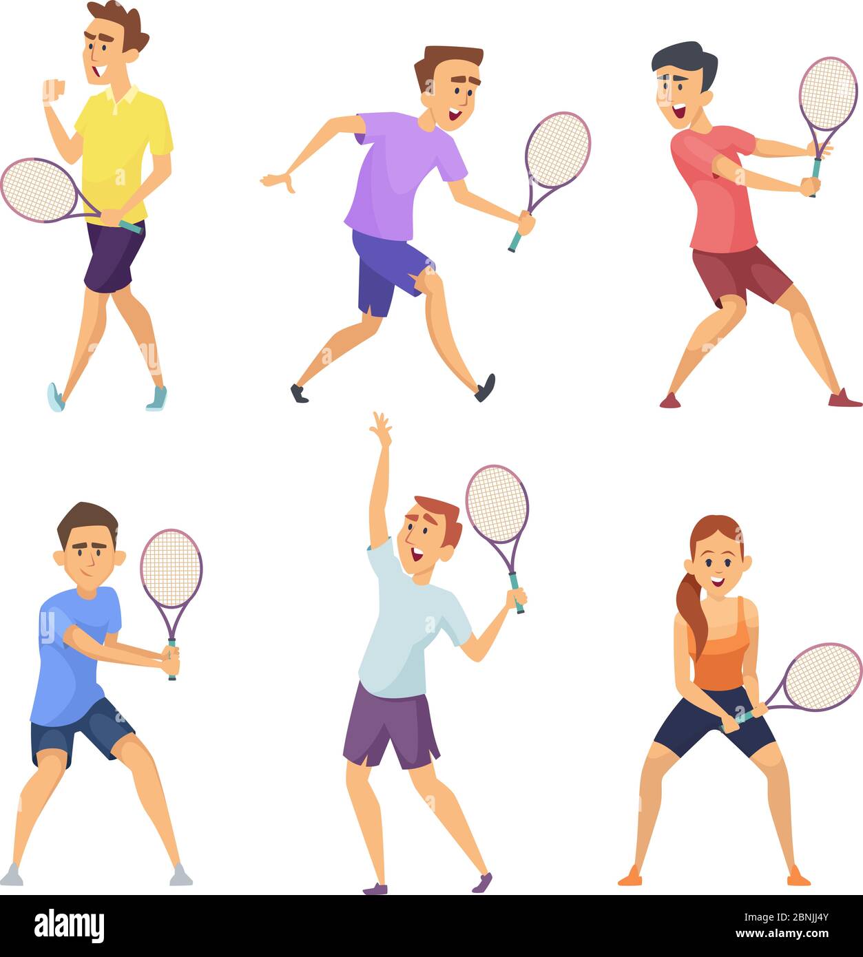 Vari giocatori di tennis. Pose dei caratteri vettoriali in azione Illustrazione Vettoriale
