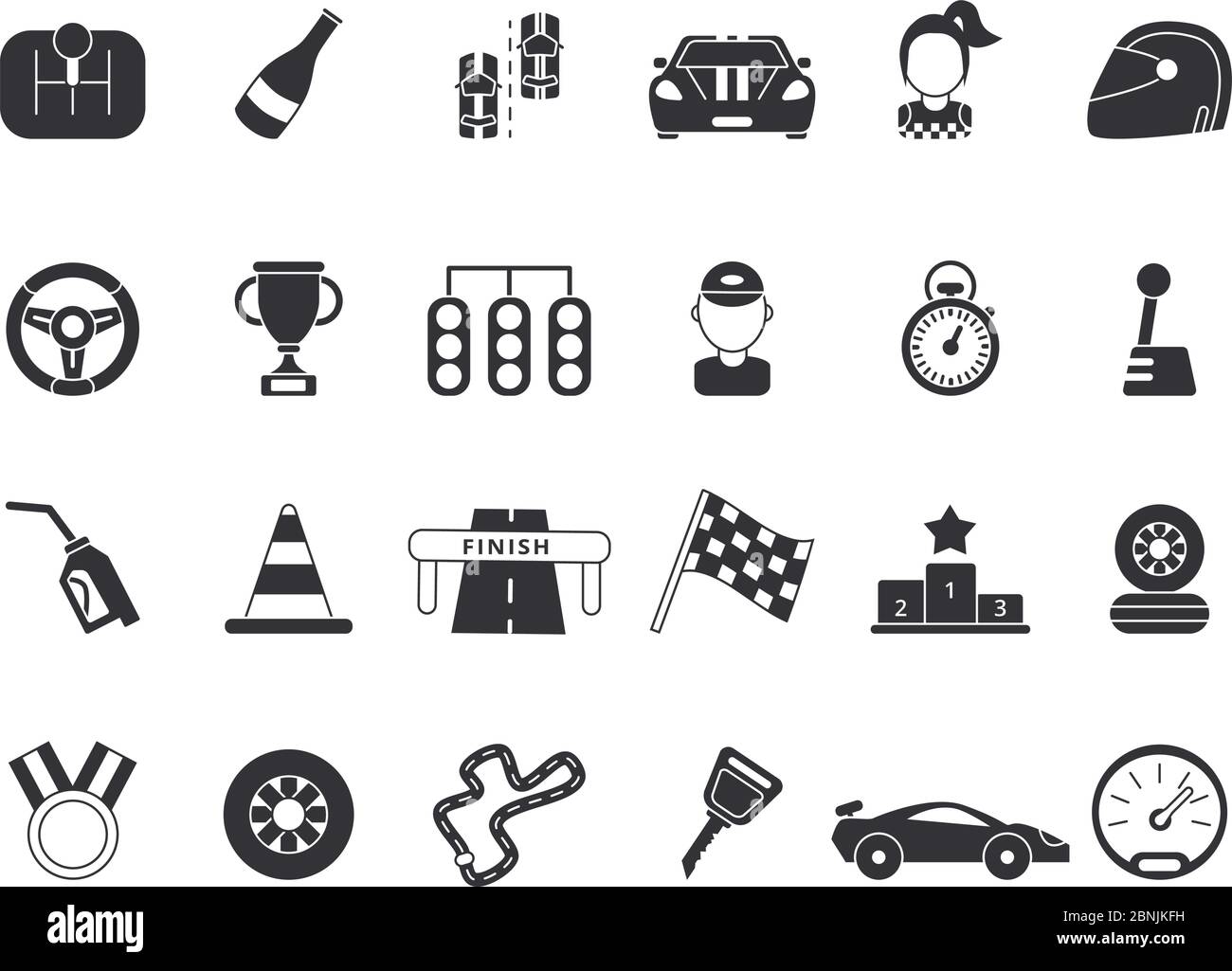 Immagini monocromatiche insieme di simboli sportivi per le auto da corsa e di formula 1 Illustrazione Vettoriale
